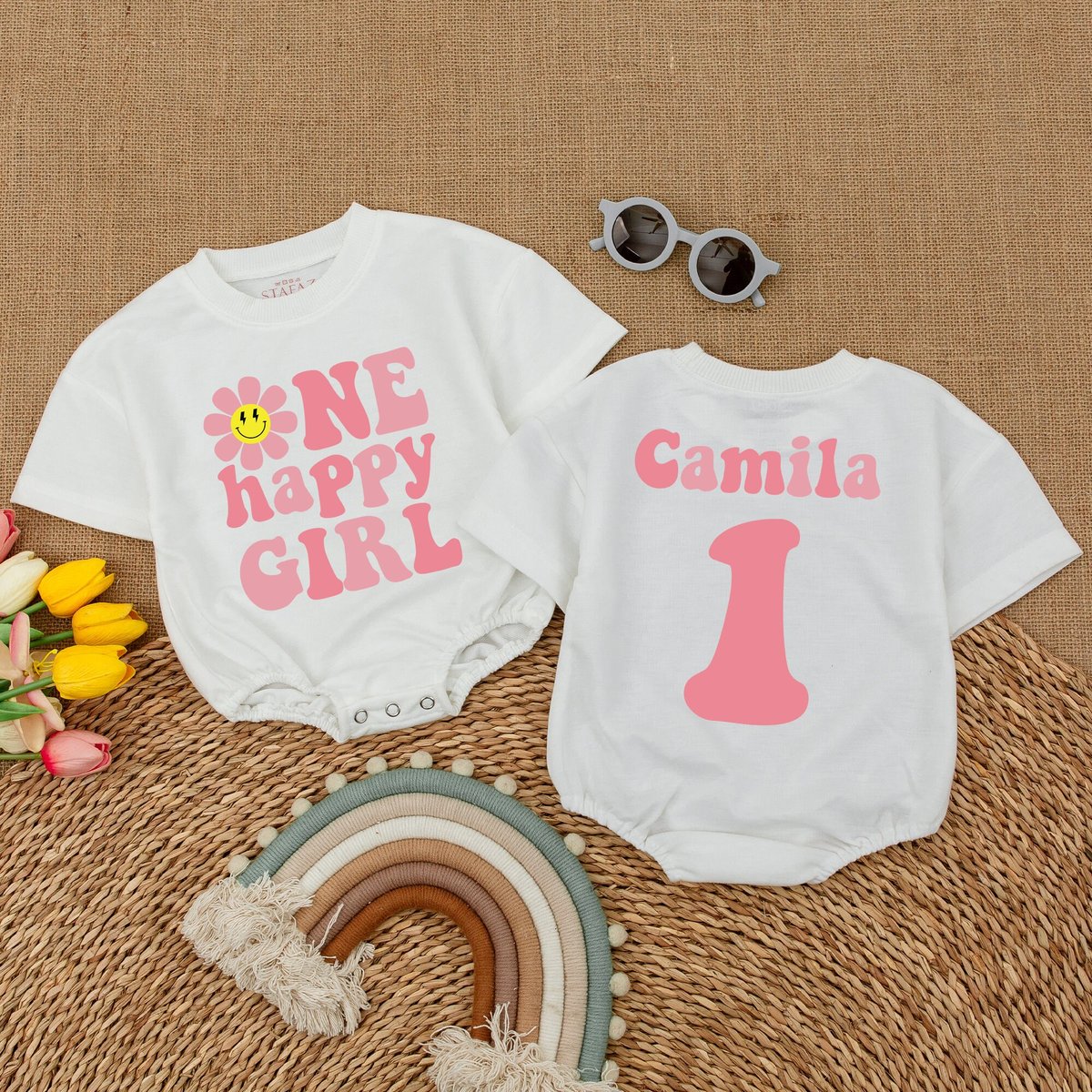 Custom One Happy Girl Birthday Romper Smiley Face Daisy Birthday Bodysuit Baby Girl Birthday Outfit 174