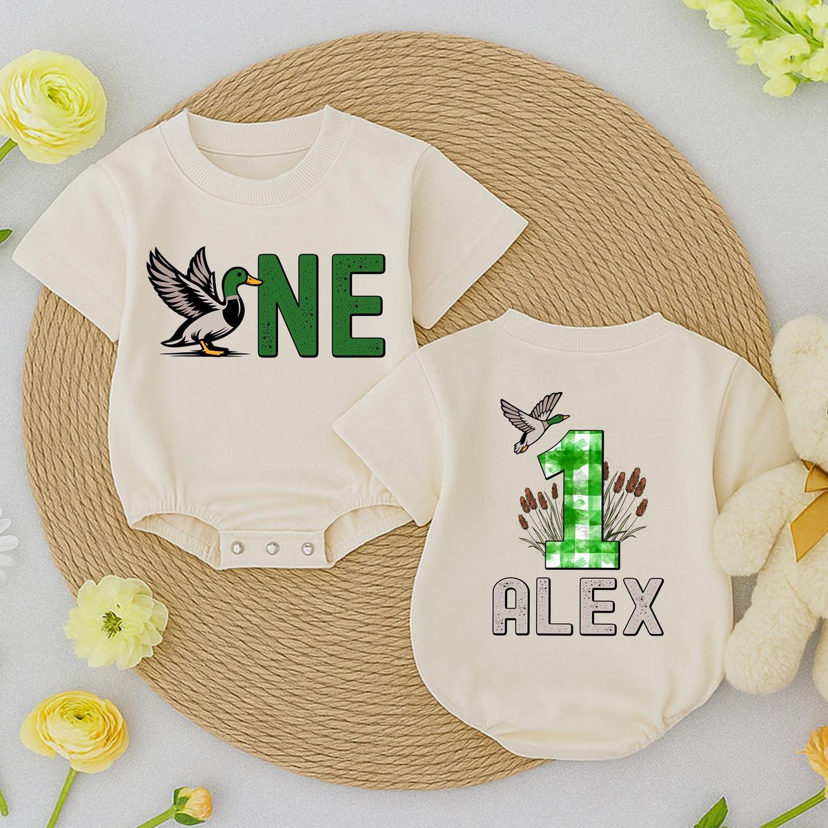 Custom One Mallard Duck Birthday Romper Mallard Duck Birthday Bodysuit Duckling Outfits hunting Bubb 434