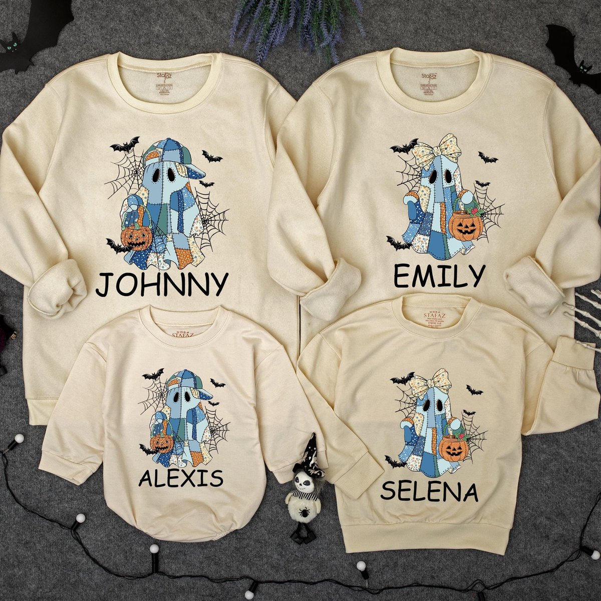 Custom Patchwork Halloween Ghost Sweatshirt Halloween boo Baby romper Spooky Season family Sweater H 436