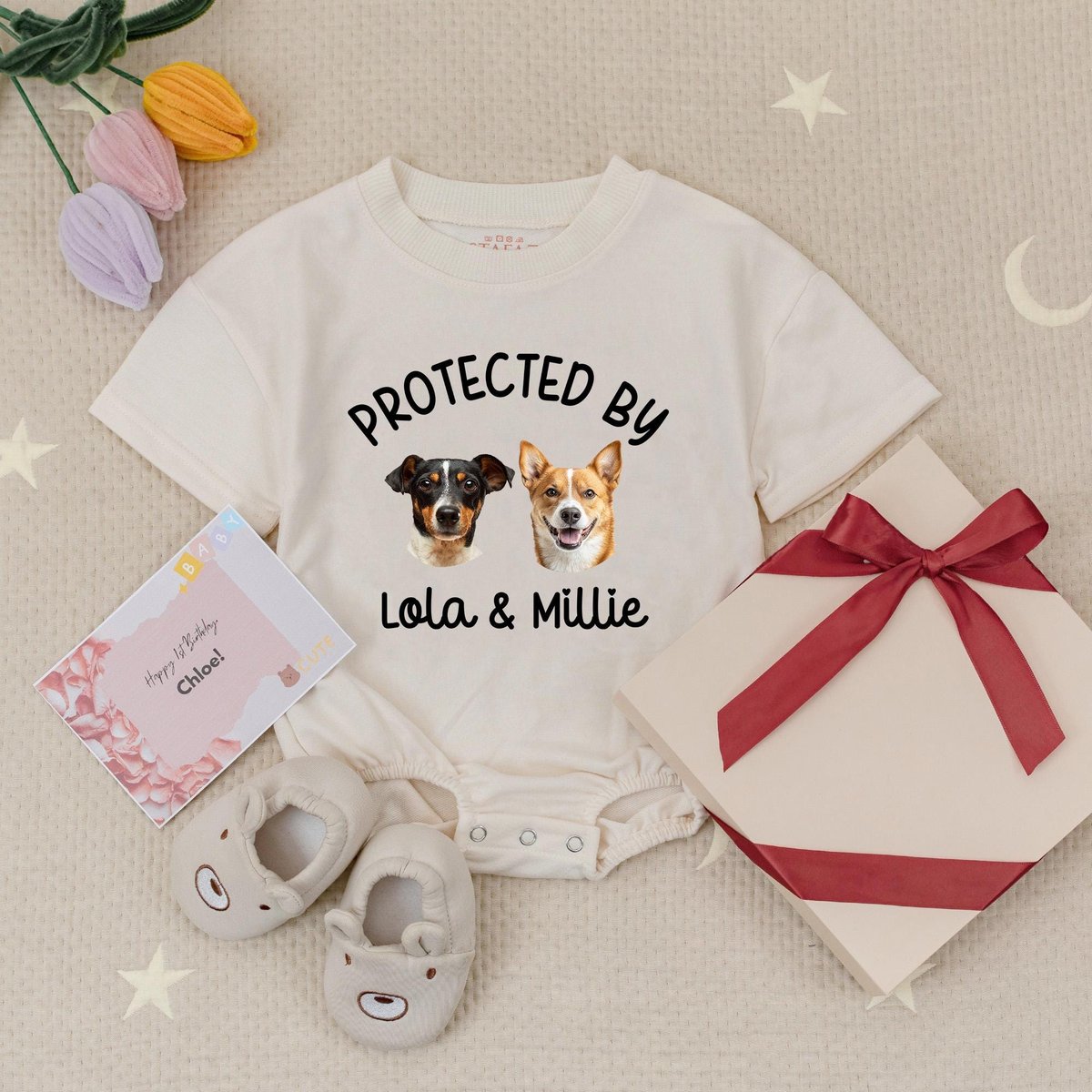 Custom Photo Protected by Pets Baby Romper Custom Image Dogs and Cats BabysuitPersonalized Baby Show