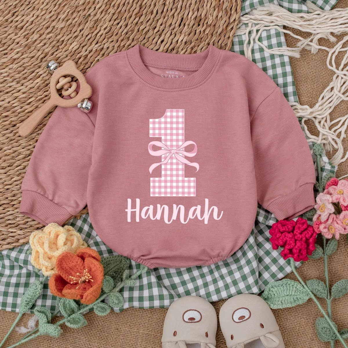 Custom Pink Bow First Birthday Romper Pink Checkered Bow Bodysuit Girly Birthday Party Outfit Baby G 187