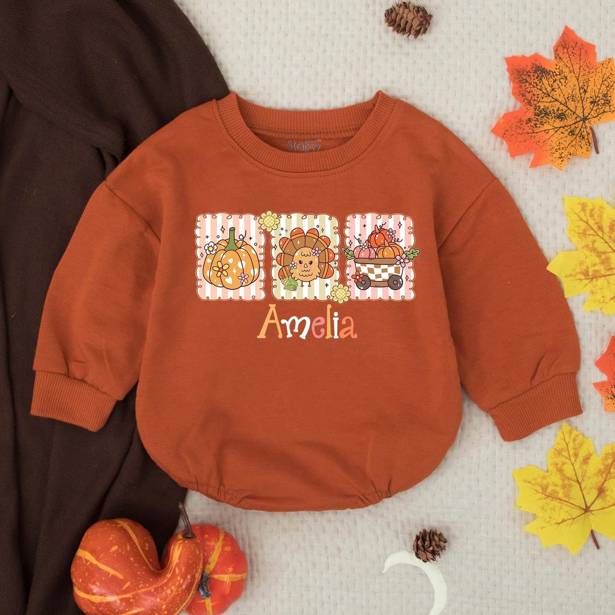 Custom Preppy Fall Girl Name Bubble Romper First Thanksgiving Baby ClothesFall ApparelPersonalized A