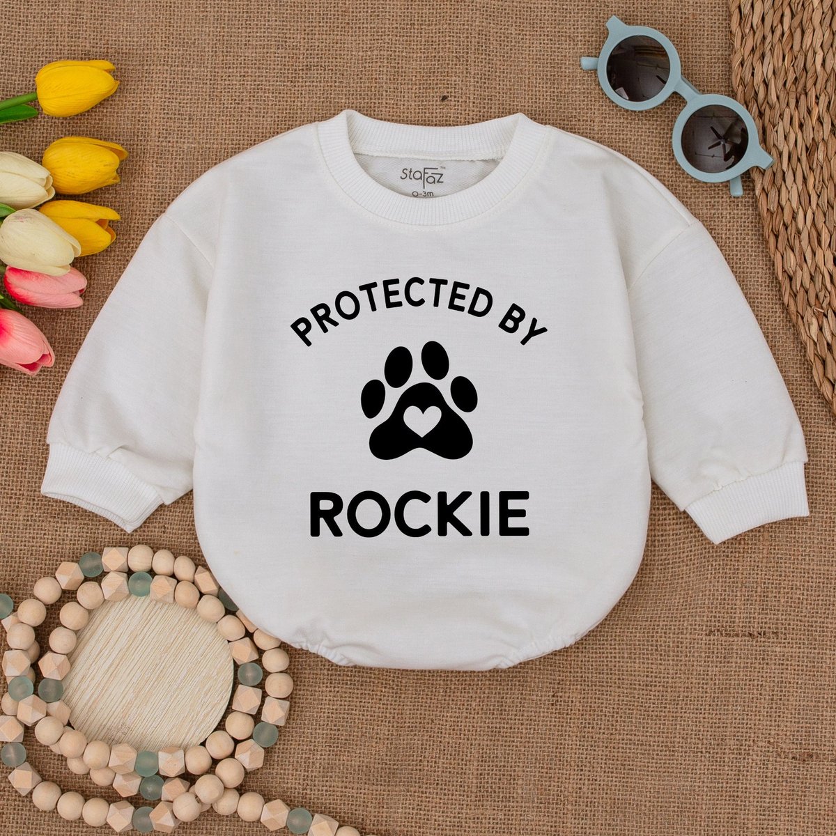 Custom Protected By Dog Bodysuit Custom Name My New Best Friend Baby Romper Baby and Dog Bubble Romp 172