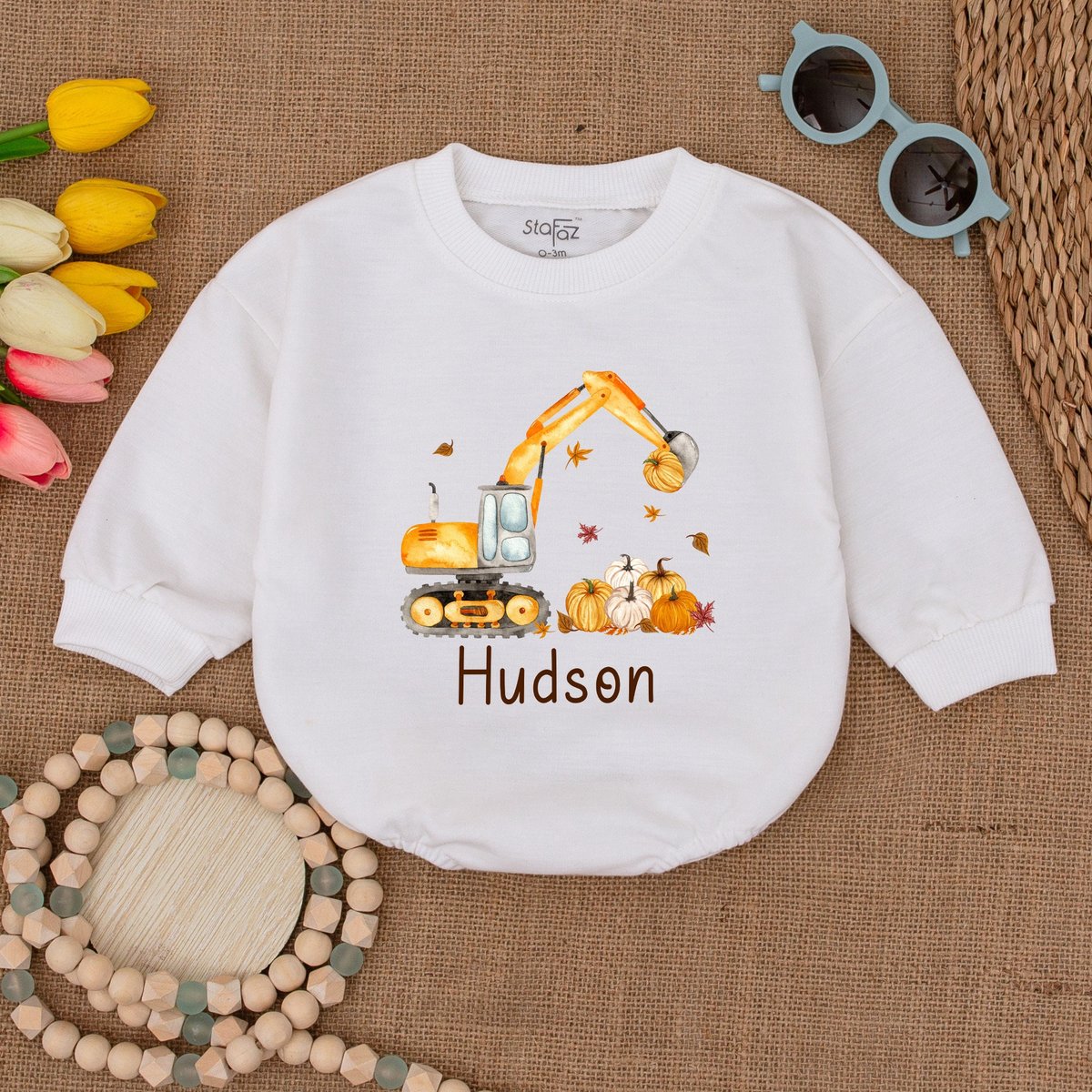 Custom Pumpkin Excavator Romper Fall Construction Pumpkin Thanksgiving Bodysuit Pumpkin Baby Clothes 174