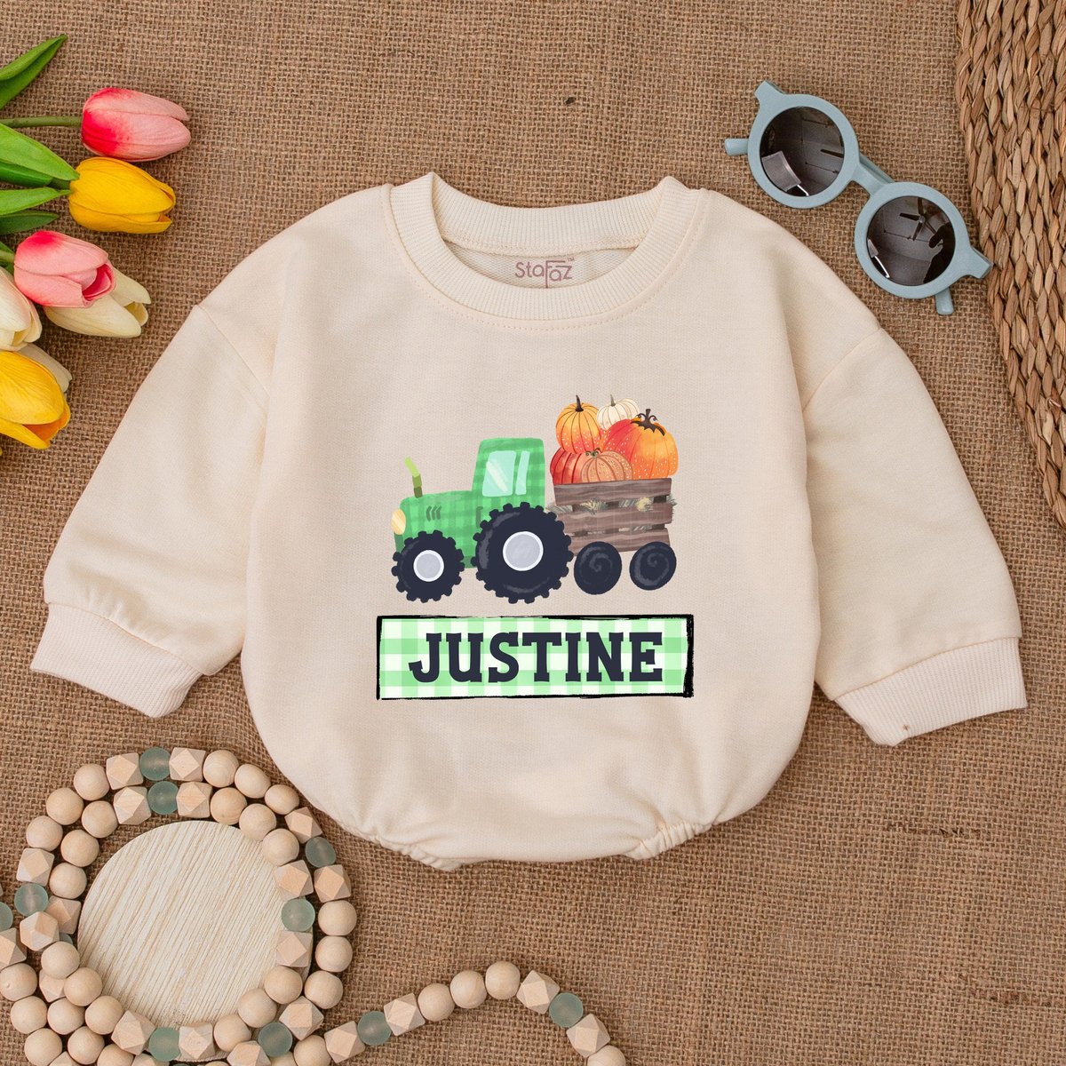 Custom Pumpkin Tractor Romper Boho Boys Fall Tractor Romper Thanksgiving Bodysuit Pumpkin Baby Cloth 174