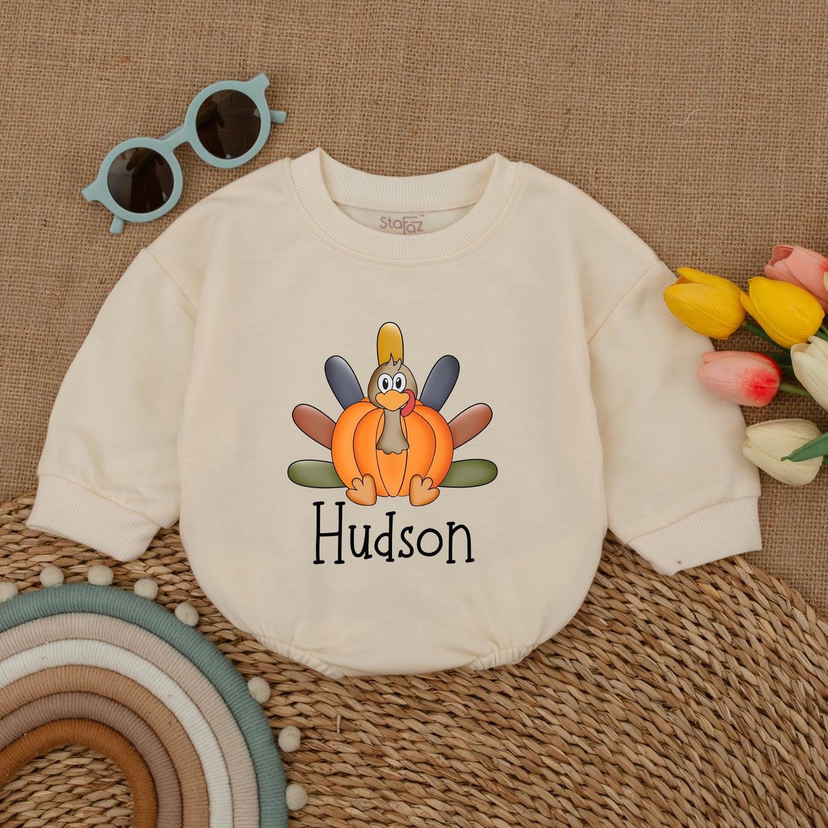 Custom Pumpkin Turkey Romper Boy Thanksgiving Bodysuit Little Turkey Romper Baby Thanksgiving Outfit 177