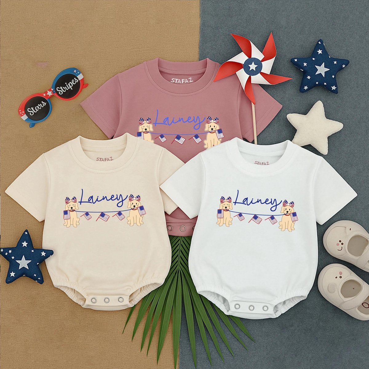 Custom Puppy 4th of July Bubble Romper Personalized Baby Name Patriotic Baby Outfit Red White Blue C 431