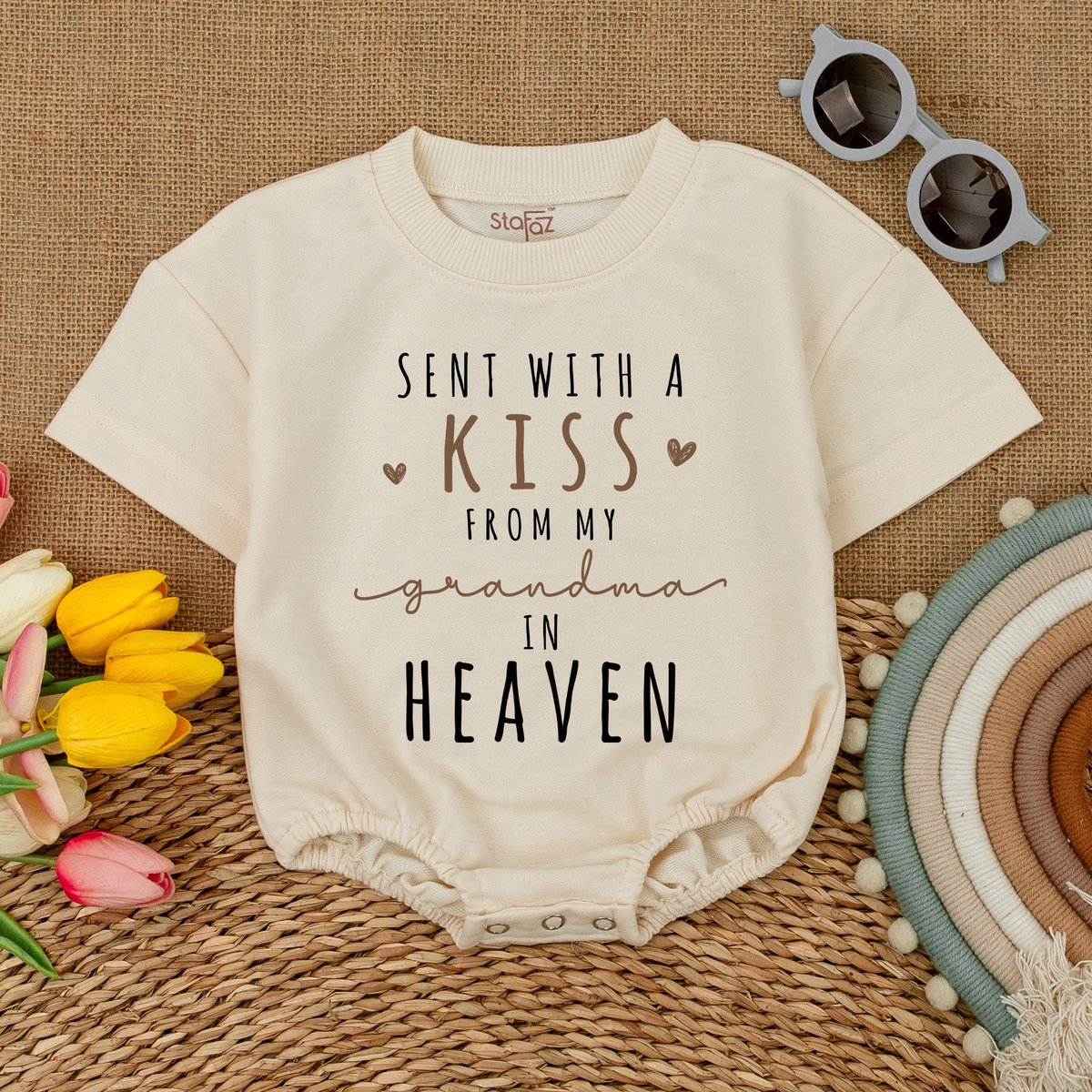 Custom Sent With A Kiss From My Grandma In Heaven Romper New Grandbaby Bodysuit Newborn Bubble Rompe 173
