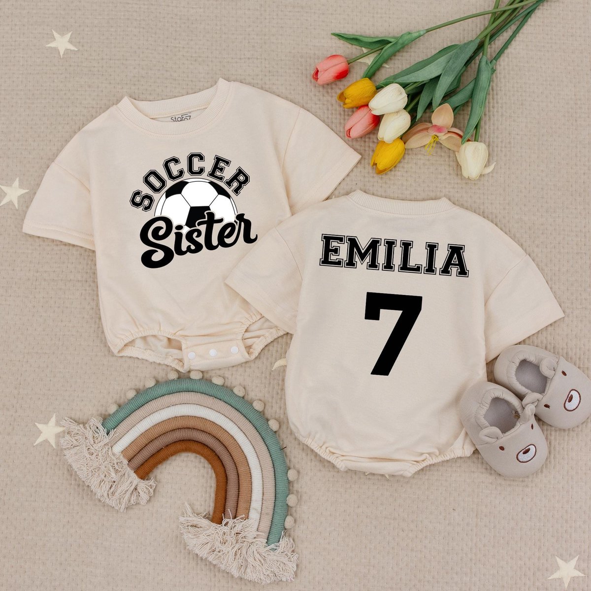 Custom Soccer Sister Buddle Romper Personalized Name Number Baby Bodysuit Little Sister Infant Bodys