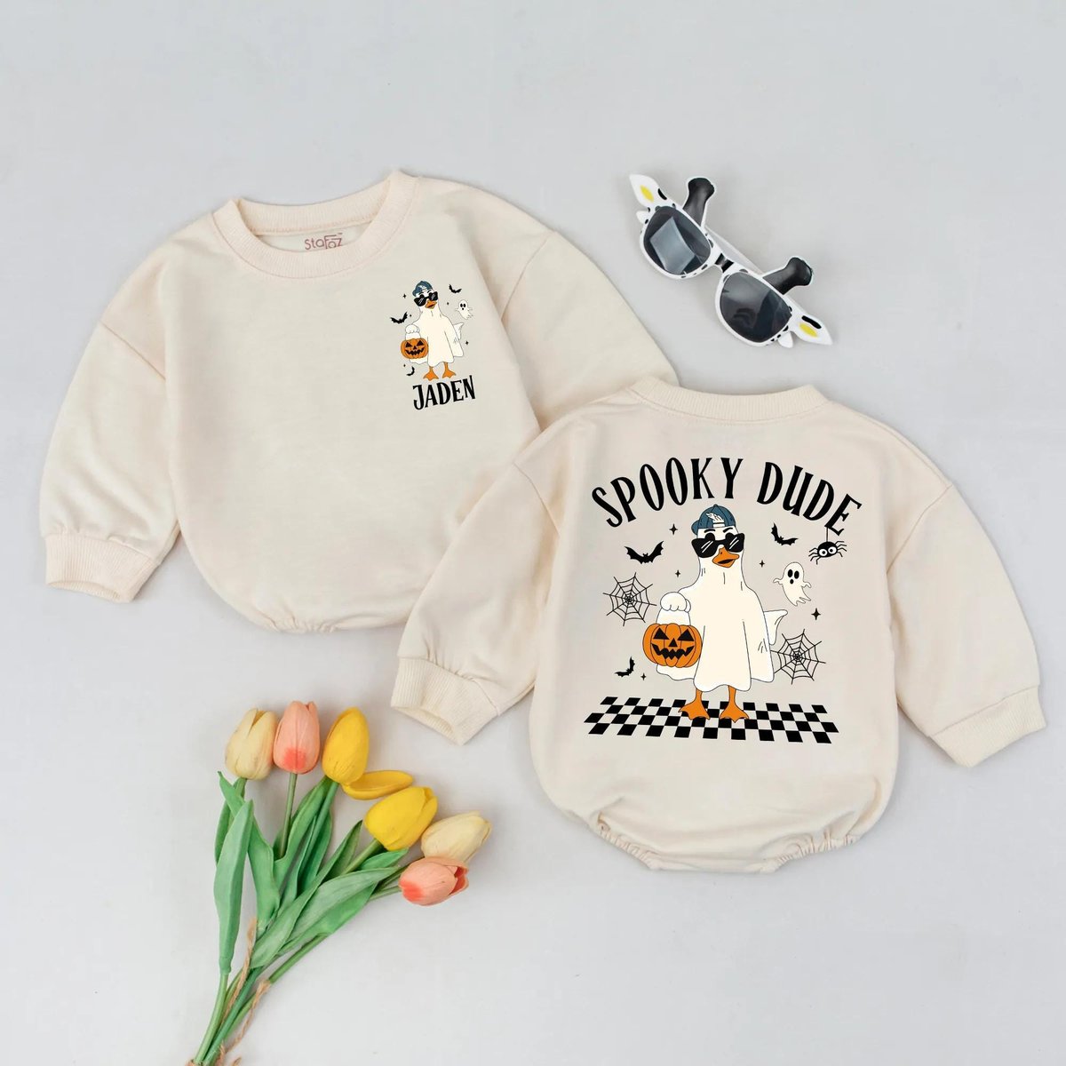 Custom Spooky Dude Goose Bubble Romper Retro Halloween Costume Personalized Ghost Boy Bodysuit Fall 436