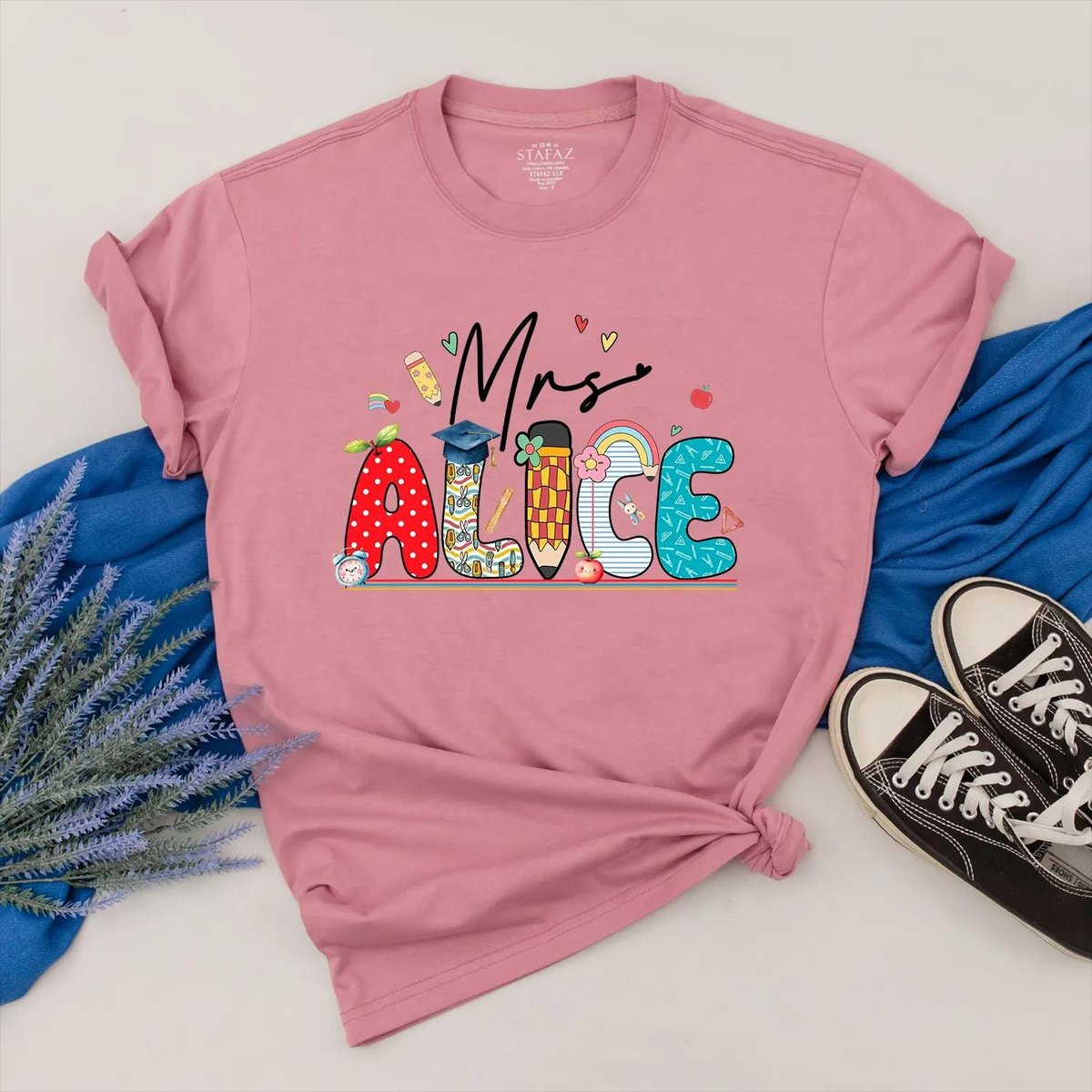 Custom Teacher Name Shirt Personalized Teacher Appreciation School Icon and Colorful Name Outfit Bac 431