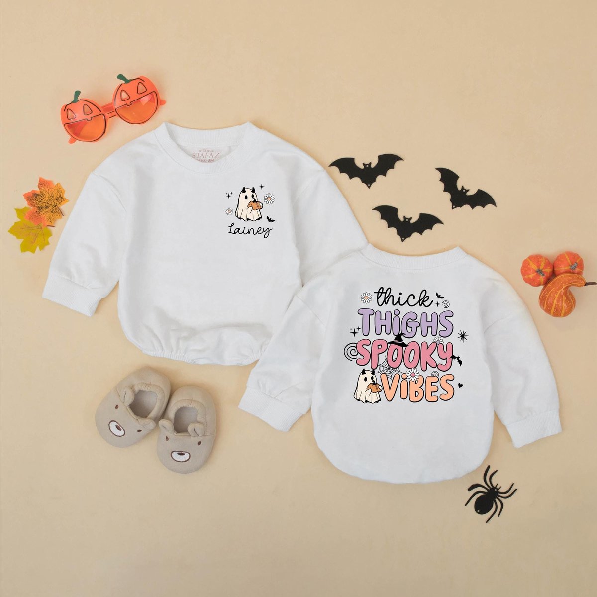 Custom Thick Thighs and Spooky Vibes Romper My First Halloween Bodysuit Halloween Bubble Romper Fall 177