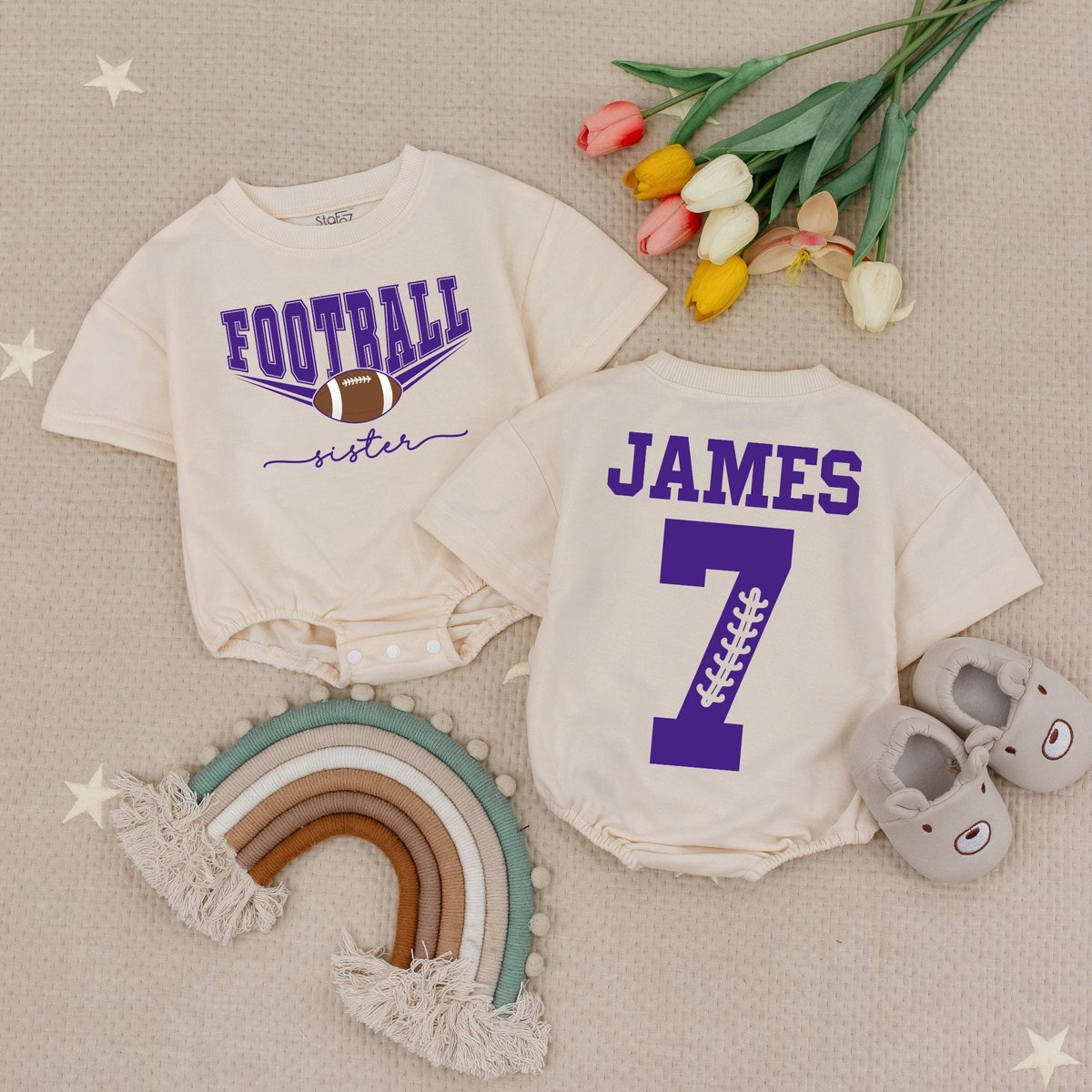 Custom Your Name and Number Football Sister Baby Romper That's My Brother Football Babysuit Footbal