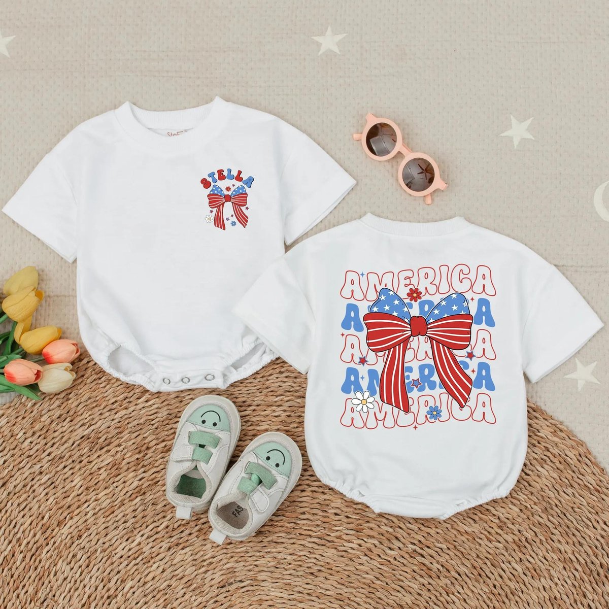 Customized America 4th of July Baby Girl Bubble RomperPersonalized Red White Blue Short Sleeve Cloth