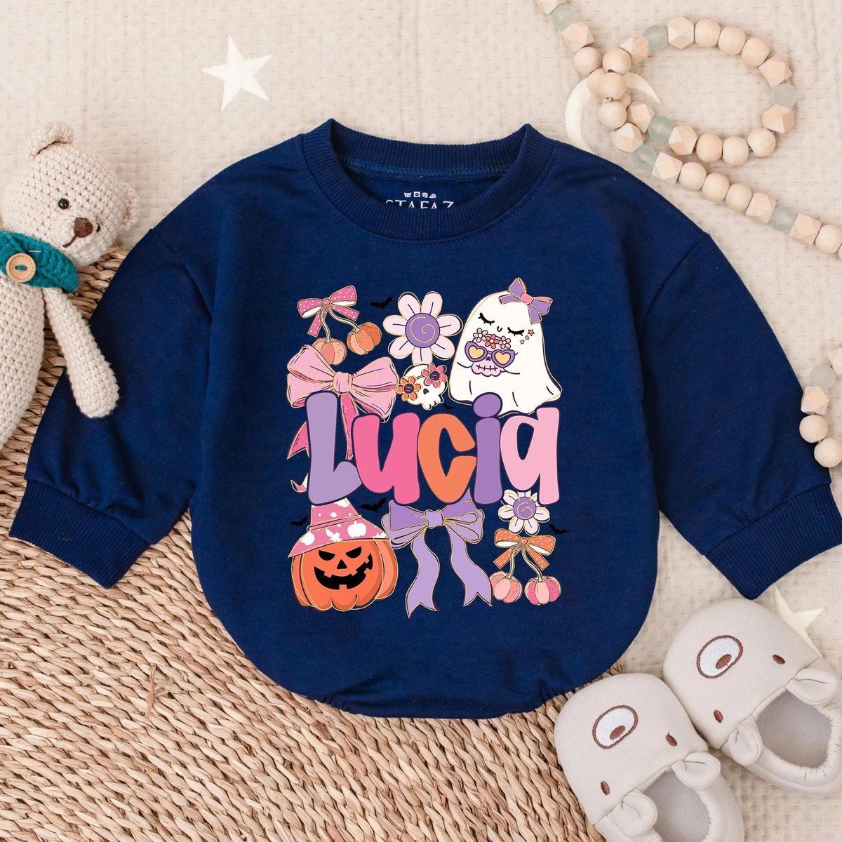 Customized Boho Ghost Baby Romper Halloween Sweatshirt Bubble Spooky Girl Pumpkin Outfit Fall Floral