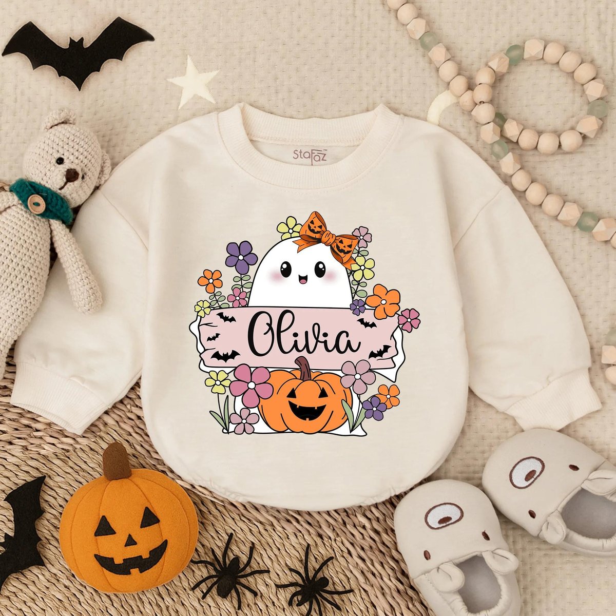 Customized Boo Pumpkin Floral Baby Romper First Halloween Girl Outfit Fall Spooky Oversized Bodysuit