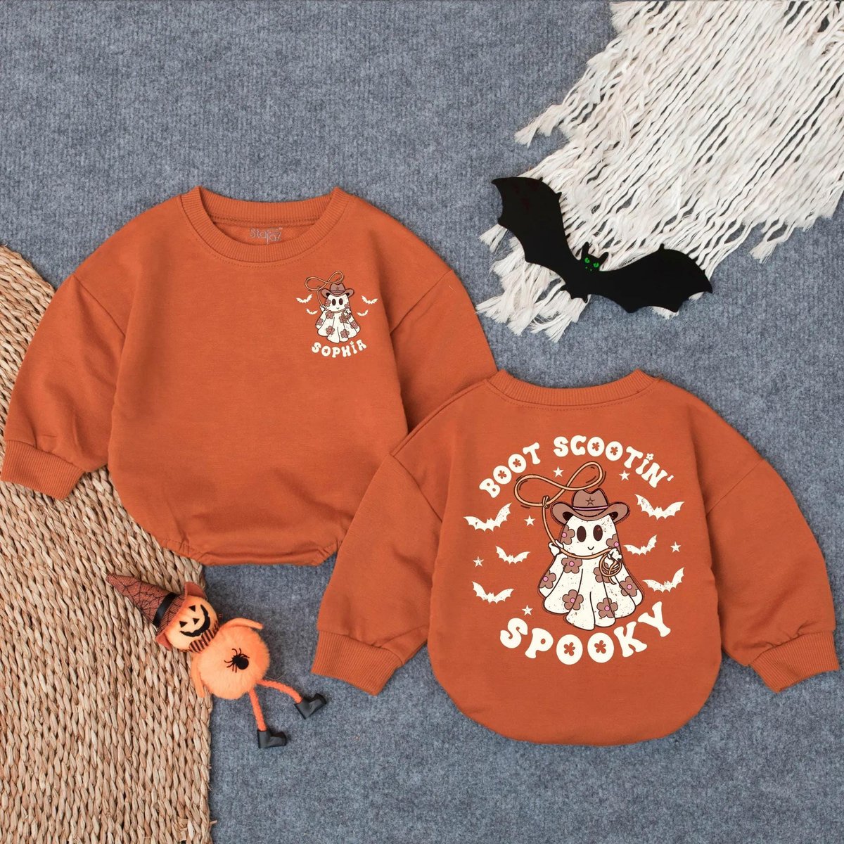 Customized Boot Scooting Spooky Flower Bubble Romper Halloween Western Baby Outfit Cute Ghost Infant 434