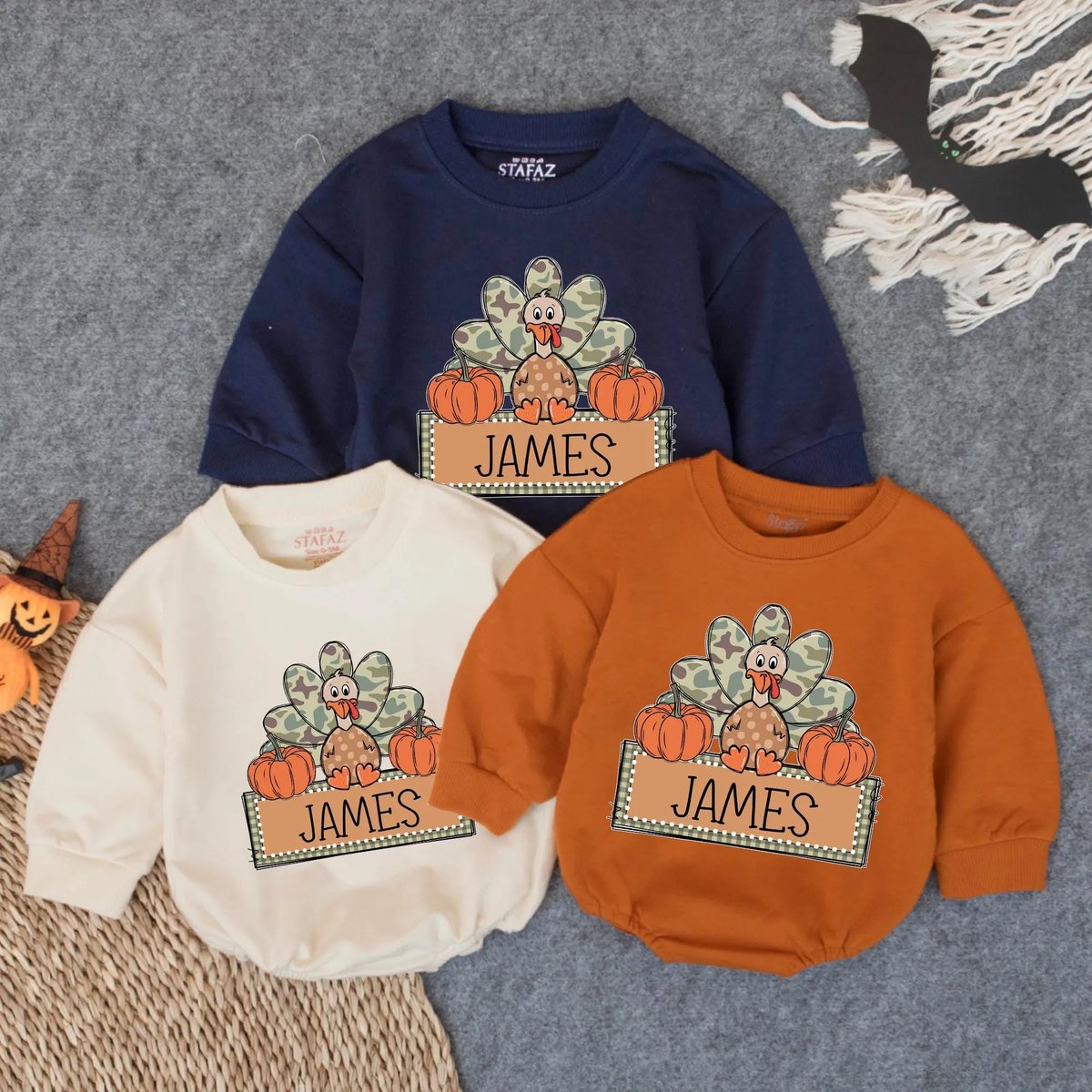 Customized Camo Turkey Boys First Thanksgiving Bubble Romper Boy Bubble Outfit Infant Fall Bodysuit 433