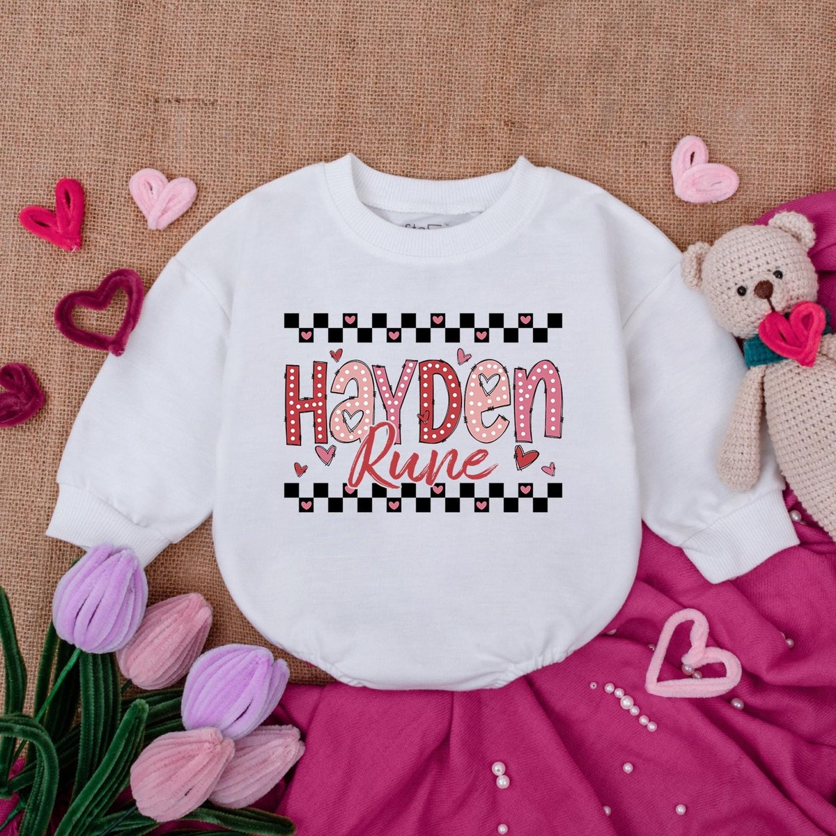 Customized Checker Valentine Baby Bubble Romper Hearts and Bows Baby Outfit My First Valentine Outfi