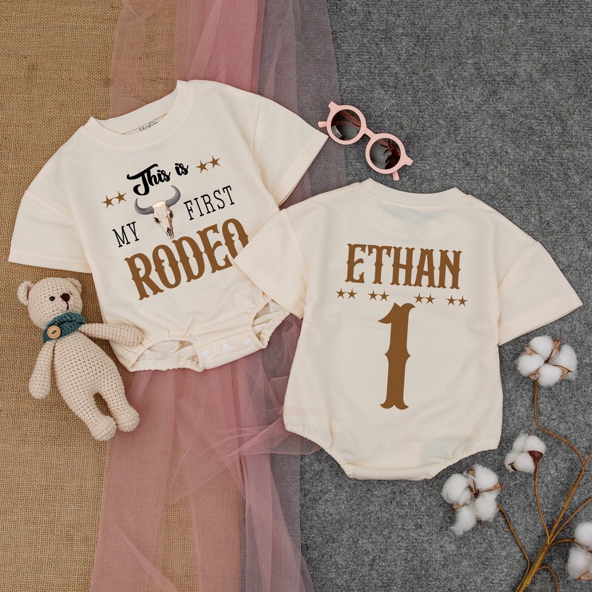 Customized First Rodeo Boy Baby Romper Rodeo Cowboy Wild West Western Outfit Short  Sleeve Romper F 174