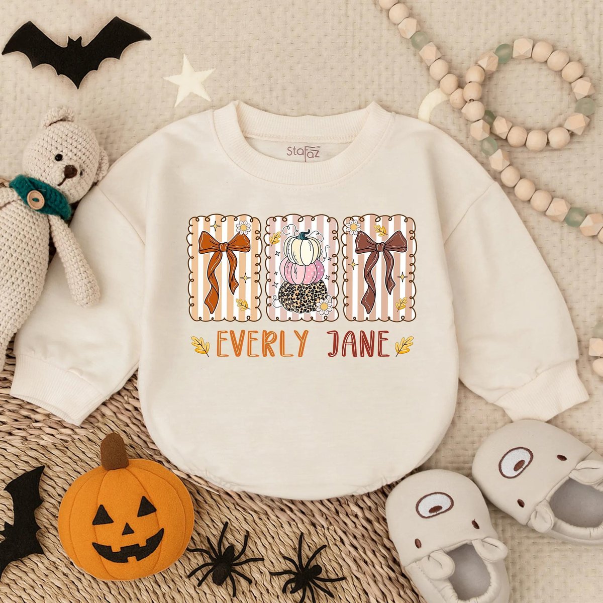 Customized Floral Fall Christian Baby Girl Bubble Romper Preppy Fall Pumpkin Clothes Girly Autumn Clothing