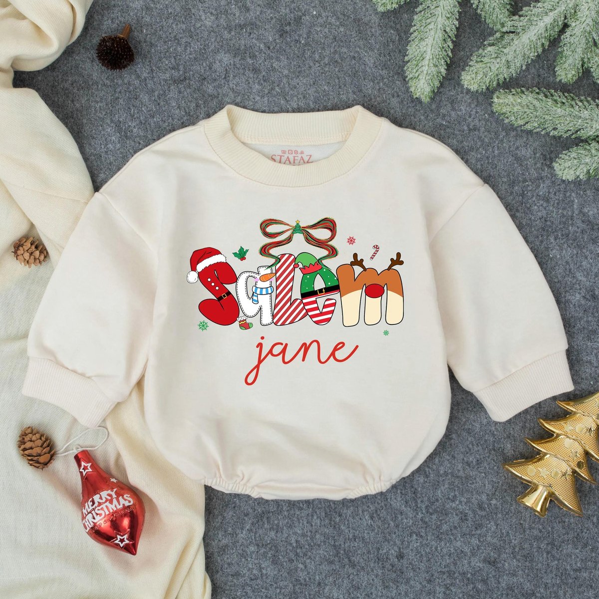 Customized Girly Christmas Glitter Bow Bubble Romper Toddler Xmas Sweatshirt First Christmas Baby Ro 435