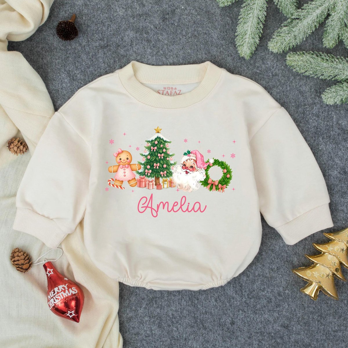 Customized Girly Merry Little Christmas Bubble Romper First Christmas Bow Outfit Toddler Sweatshirt 436