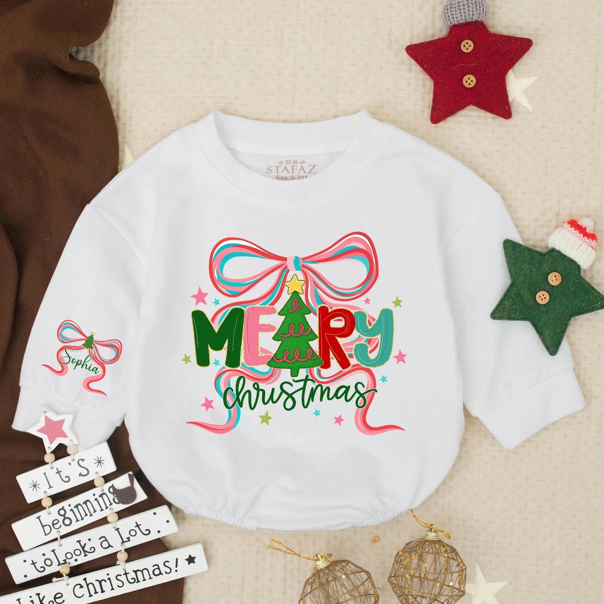 Customized Glitter Christmas Tree Bow Baby Romper Personalized Holiday Girl Outfit Toddler Xmas Swea