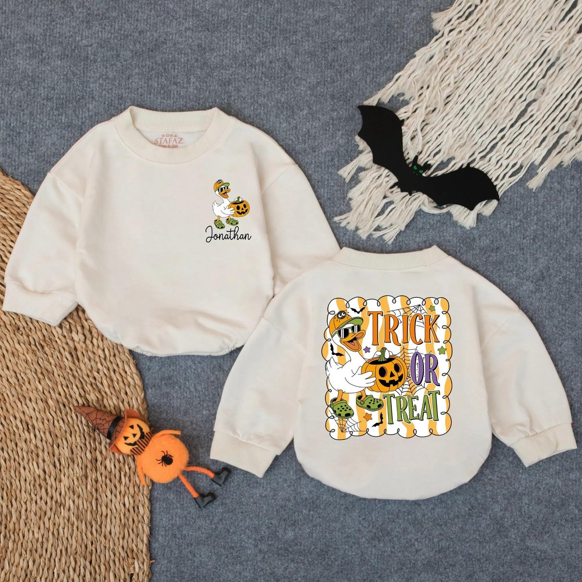 Customized Halloween Goose Trick or Treat Boy Bubble Romper Fall Baby Outfit Spooky Season Clothes F 432