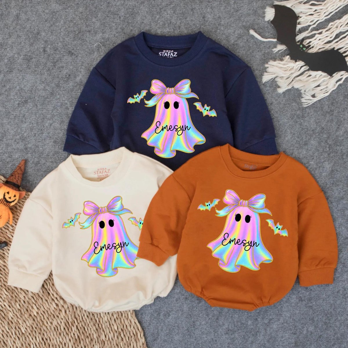 Customized Iridescent Boo Baby Romper Personalized First Halloween Outfit Oversized Infant Bodysuit 433
