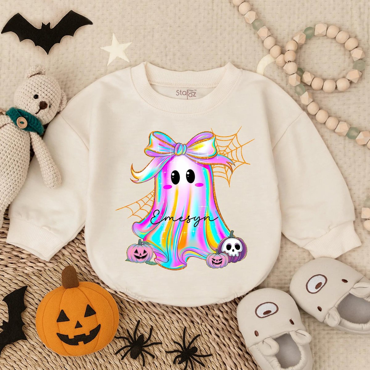 Customized Iridescent Ghost Pumpkin Romper Girly First Halloween Baby Outfit Cute Spooky Fall Bodysu