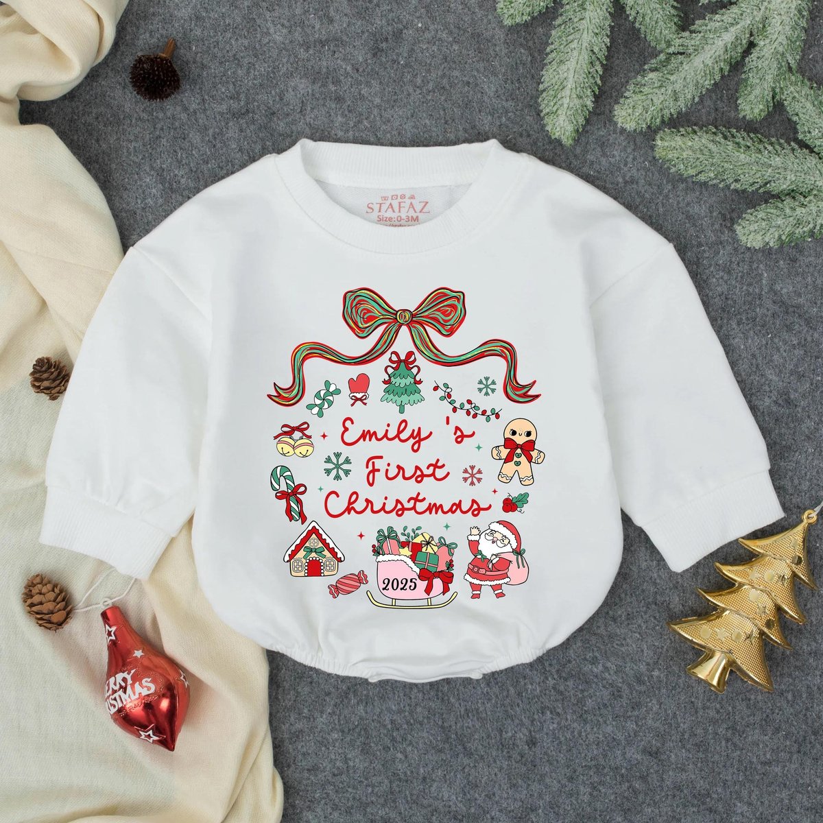 Customized My First Christmas Girlt Bubble Romper Babys First Holiday Outfit Red Car Christmas Tree 435