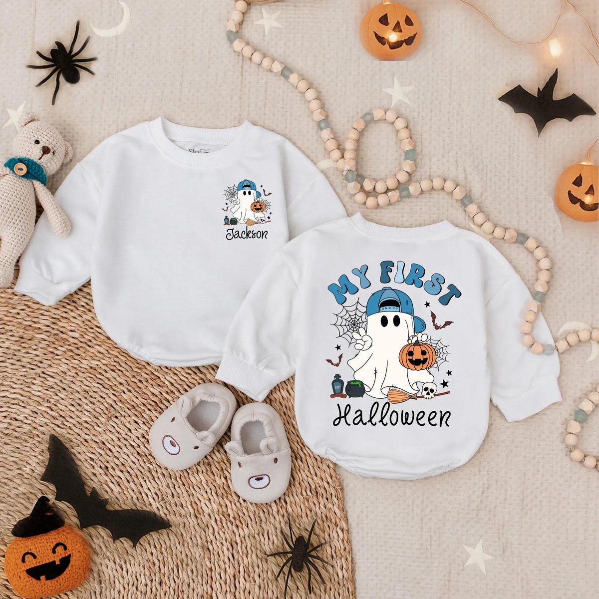 Customized My First Halloween Bubble Romper Baby Boy Boo Outfit Ghost Pumpkin Oversized Bodysuit Spo