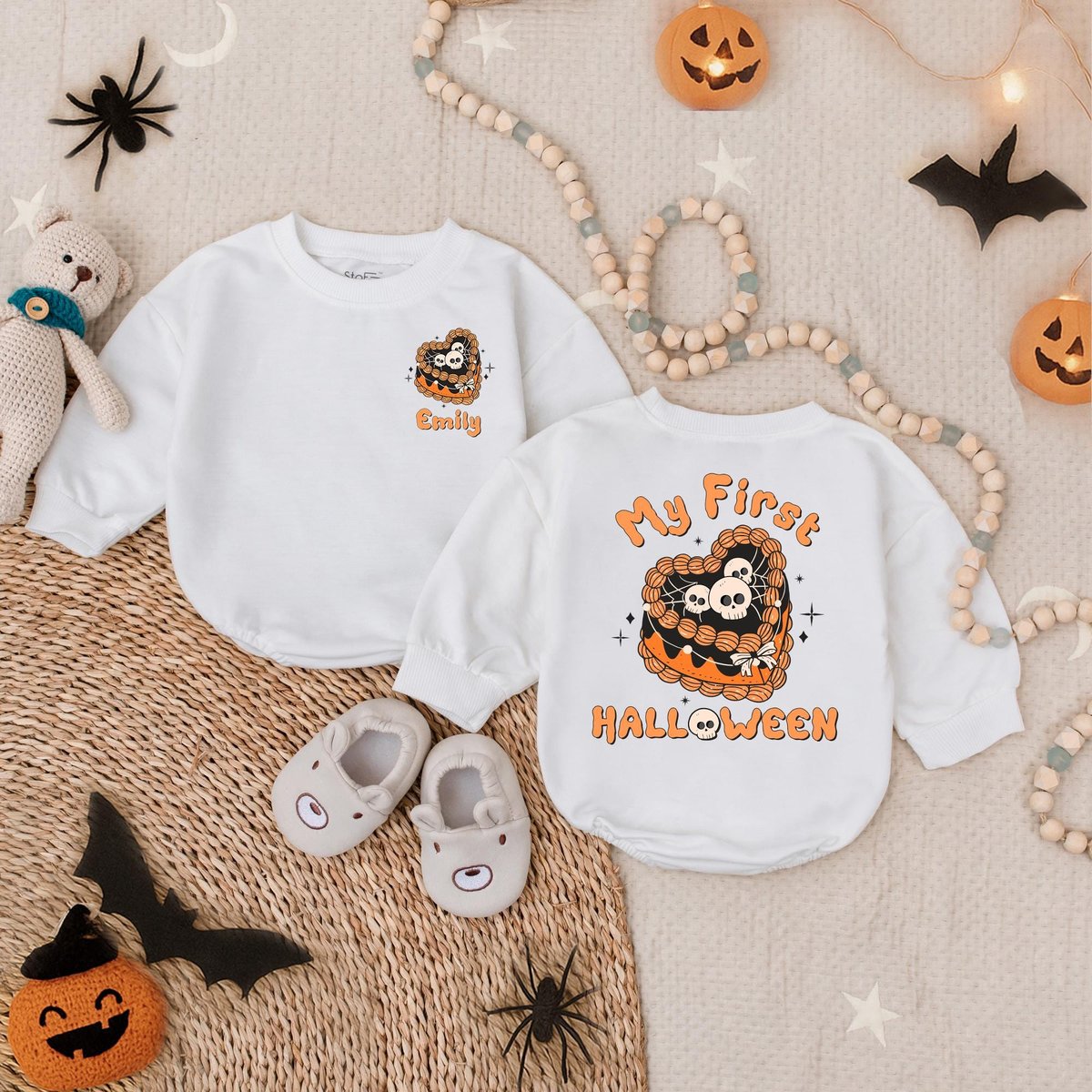 Customized My First Halloween Girly Spooky Cake Bubble Romper Baby Girl Fall Outfit Infant Bodysui