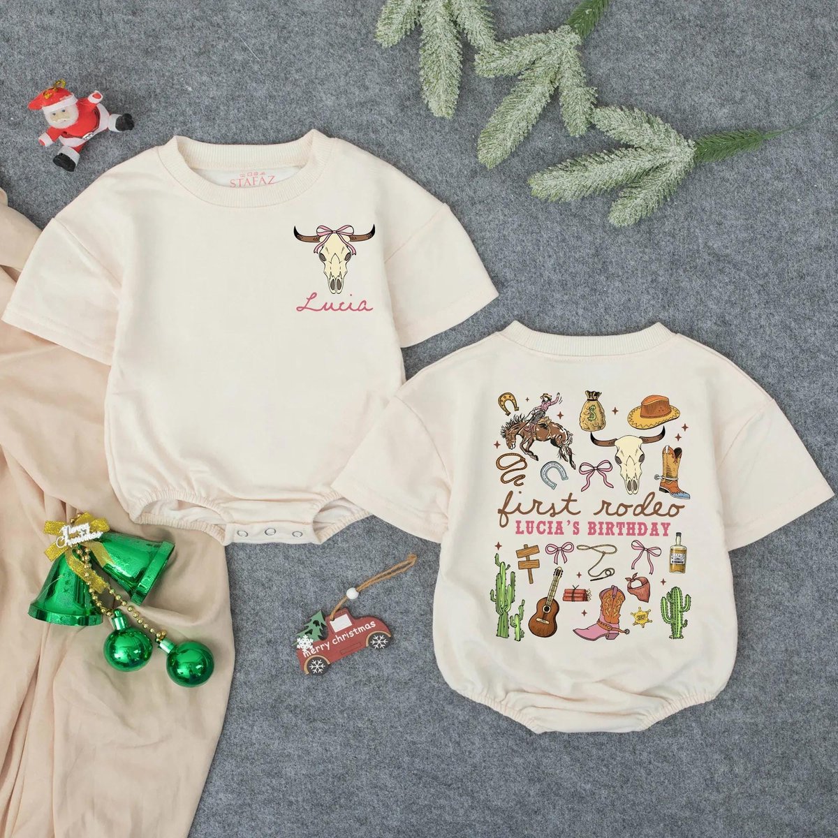 Customized Name My First Rodeo Baby Romper Pink 1st Birthday Bubble Romper Cowgirl Baby Sweater West 436