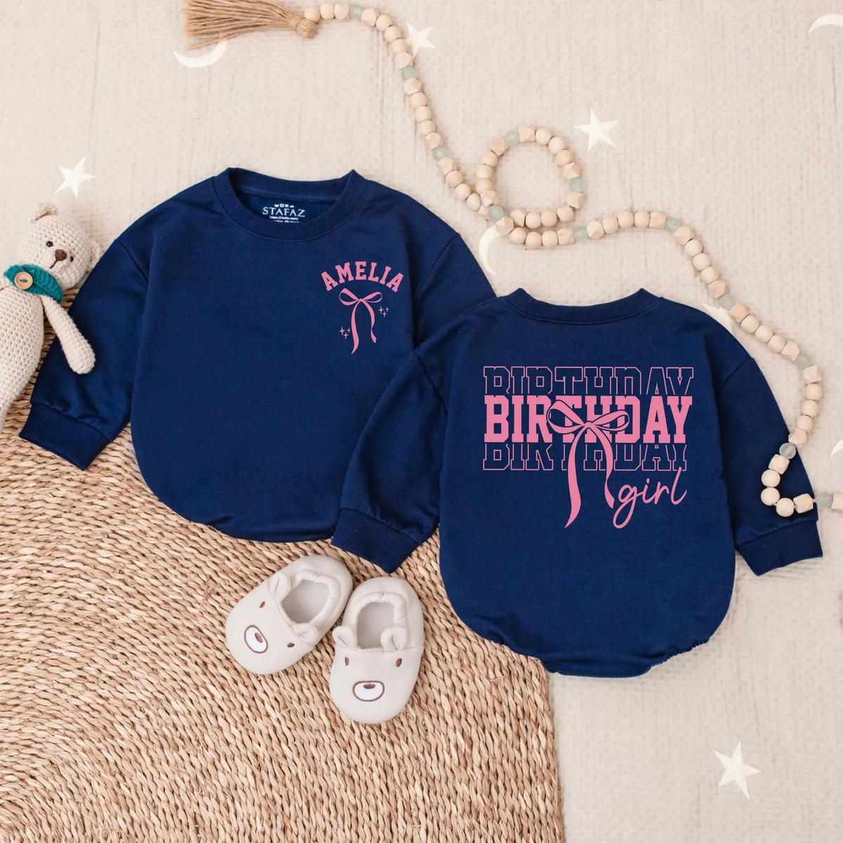 Customized Pink Bow Birthday Girl Bubble Romper Cute 1st Birthday Outfit for Baby Girl Toddler Party