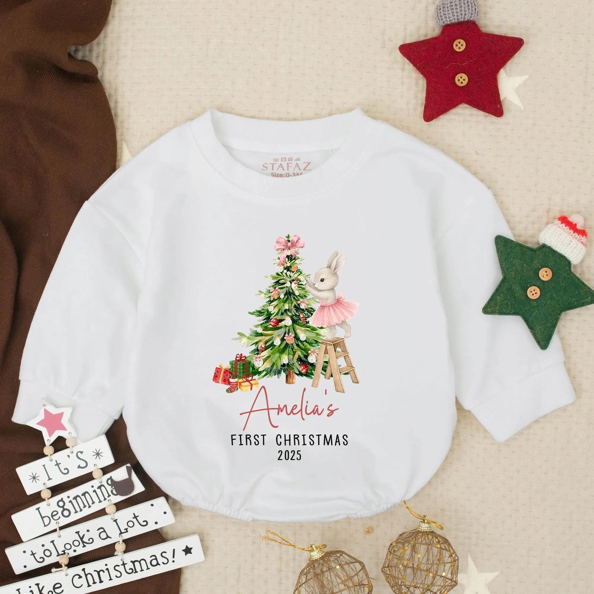 Customized Pink Bunny Christmas 2025 Bubble Romper Christmas Outfit Baby Girl Holiday Outfit Infant