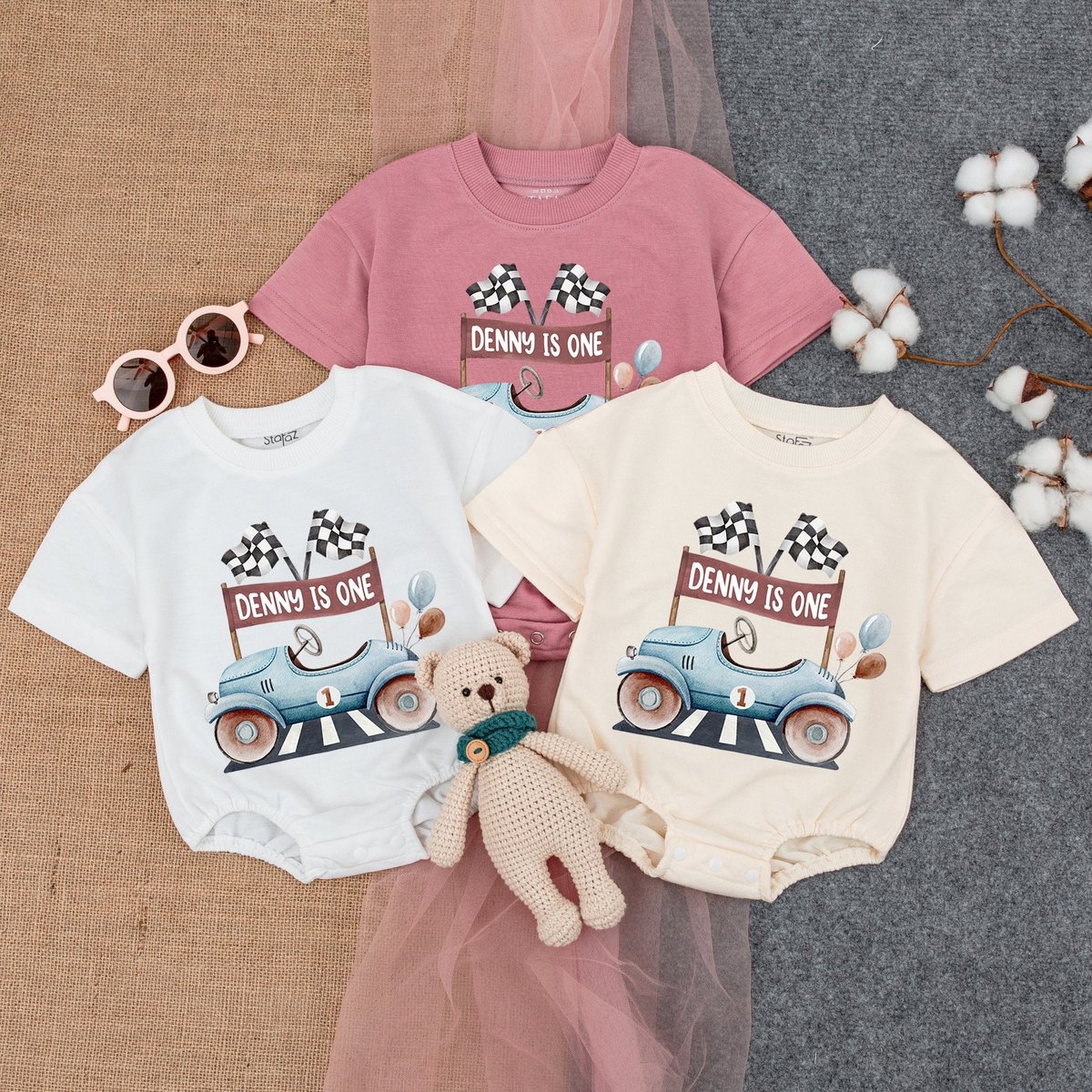 Customized Race Car First Birthday Party Personalized Birthday Boy Short Sleeve Romper First Birth 177