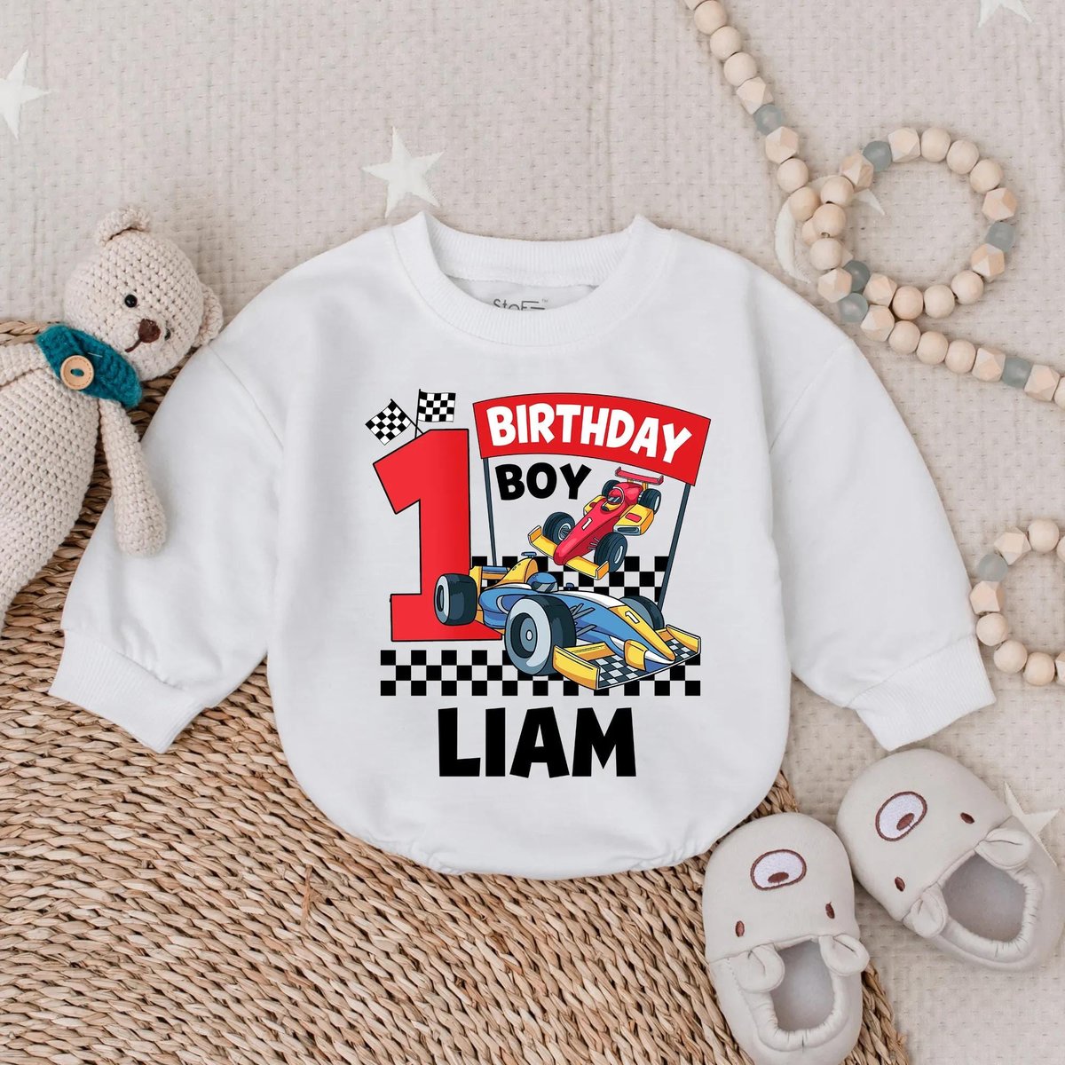 Customized Racing Car Birthday Boy Bubble Romper 1st Birthday Outfit Kids Race Car Graphic Oversize