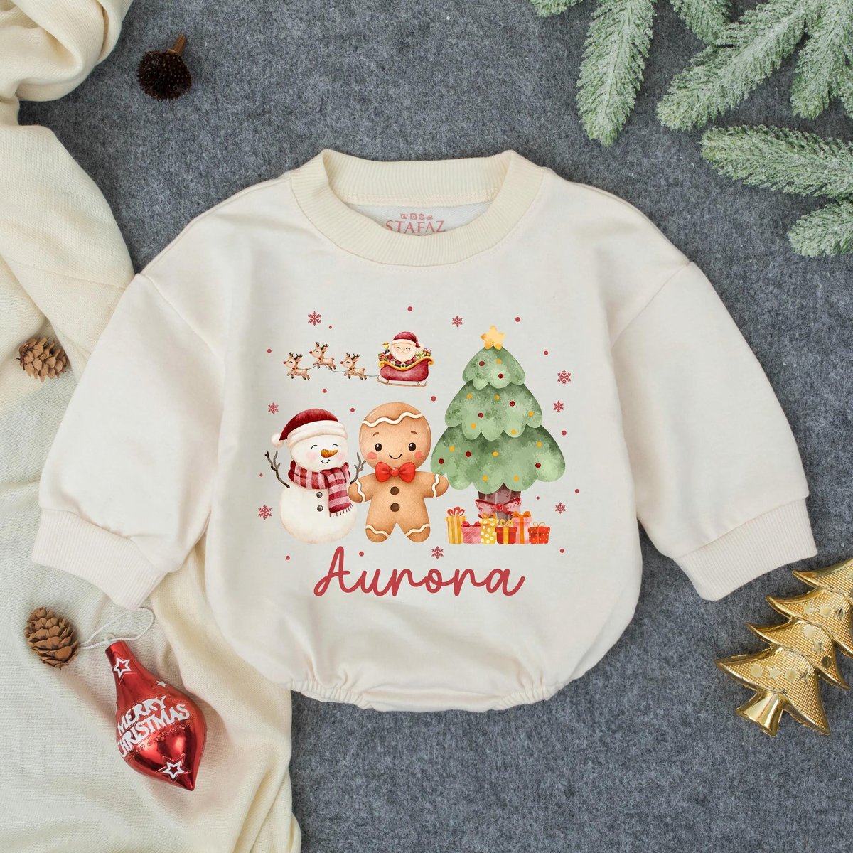 Customized Sleigh Girl Sleigh Christmas Bubble Romper First Christmas Bow Outfit Toddler Sweatshirt 437