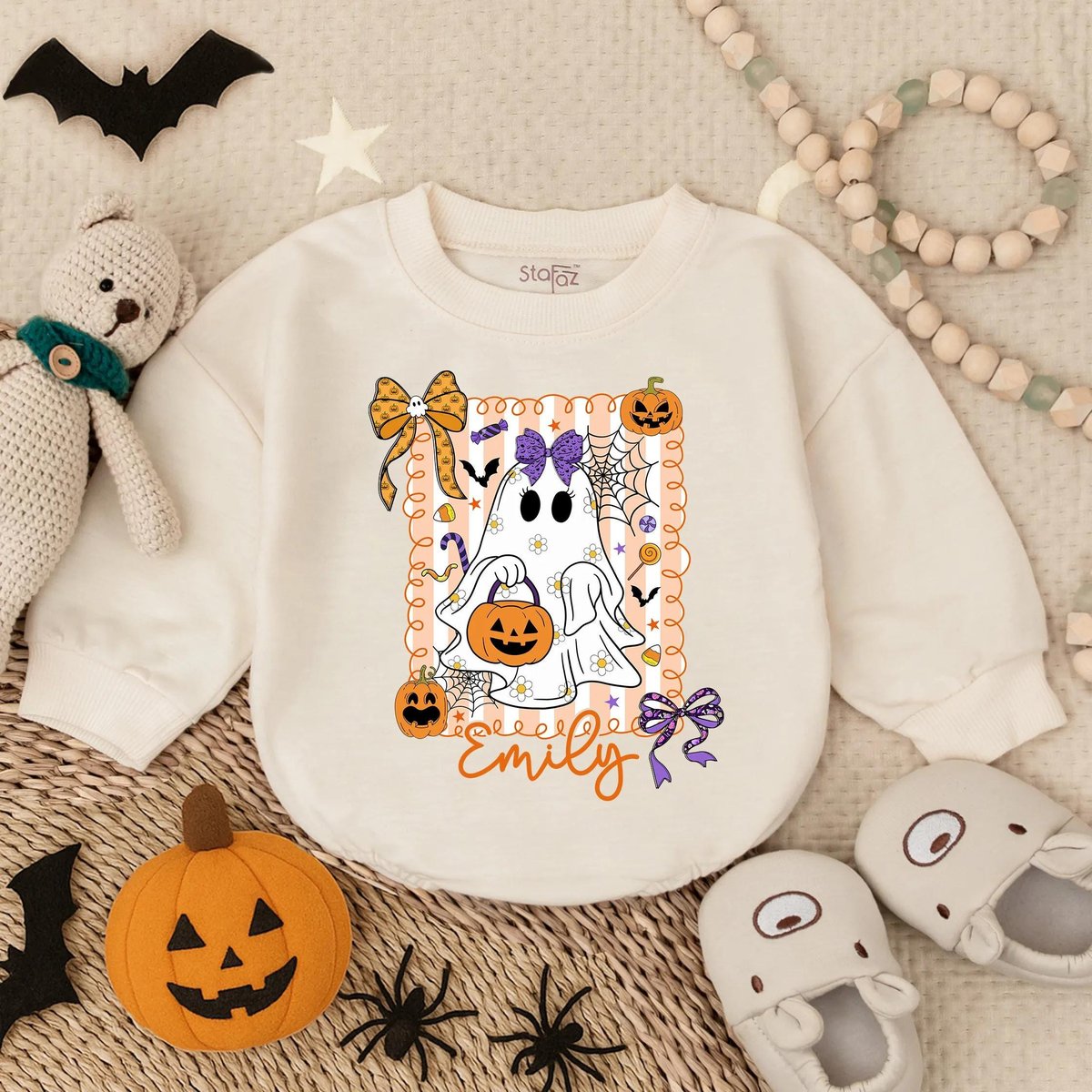 Customized Spooky Baby Boo Halloween Bubble Romper Cute Scary Baby Girl Costume First Halloween Body