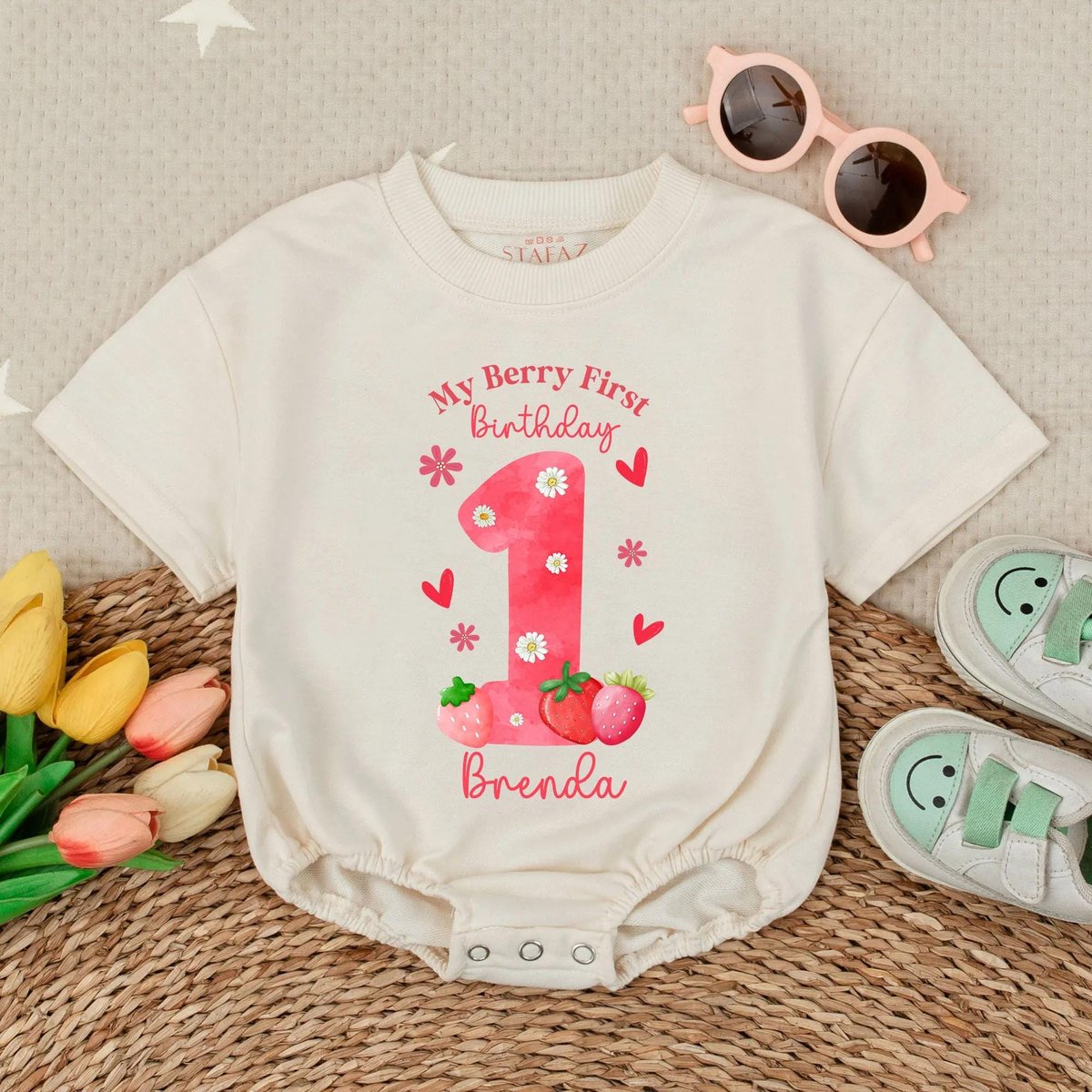 Customized Strawberry Baby Romper First Birthday Baby Outfit Strawberry 1st Birthday 1st Birthday Bo