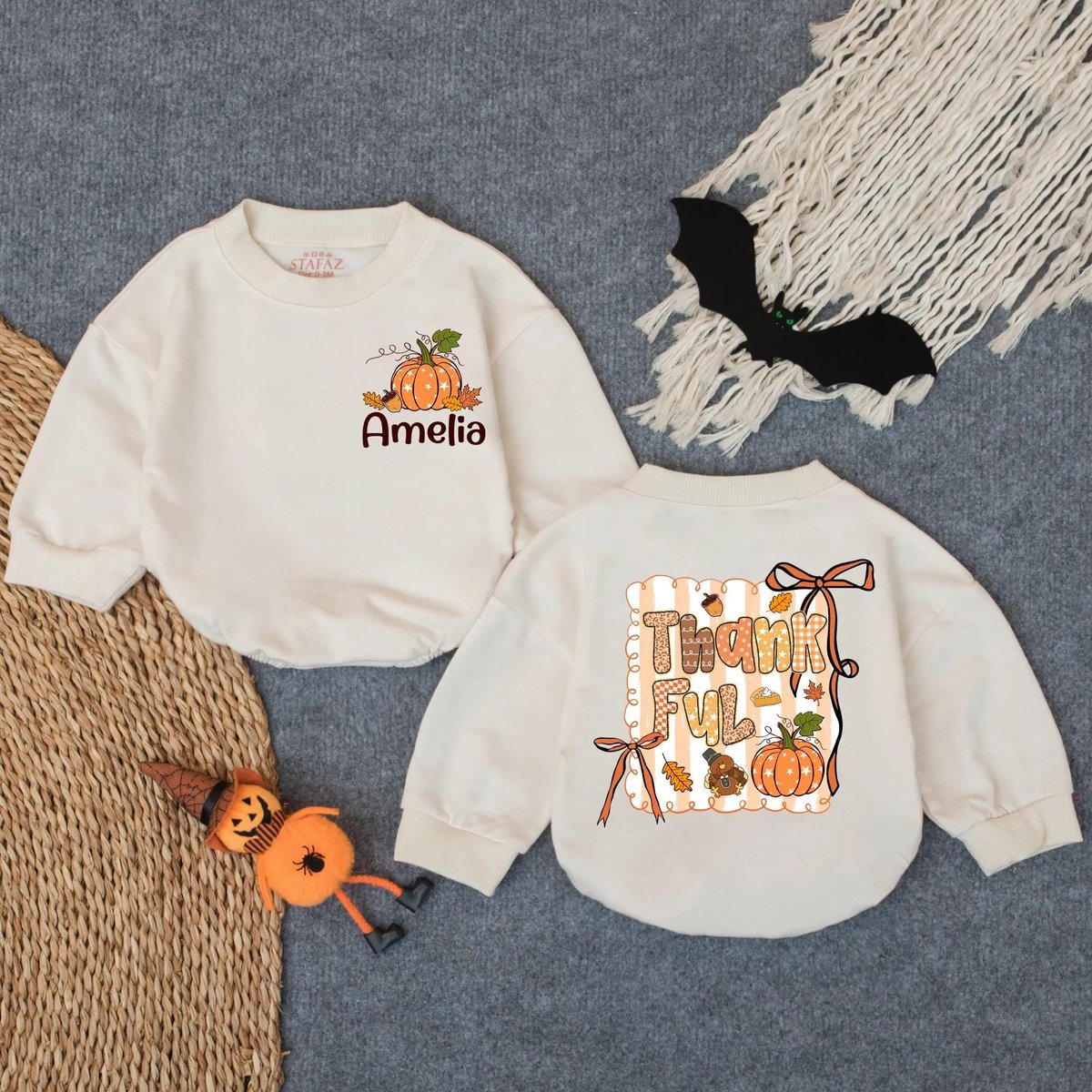Customized Thankful Turkey Bubble Romper Baby Thanksgiving Outfit Personalized Fall Bodysuit Infant 434