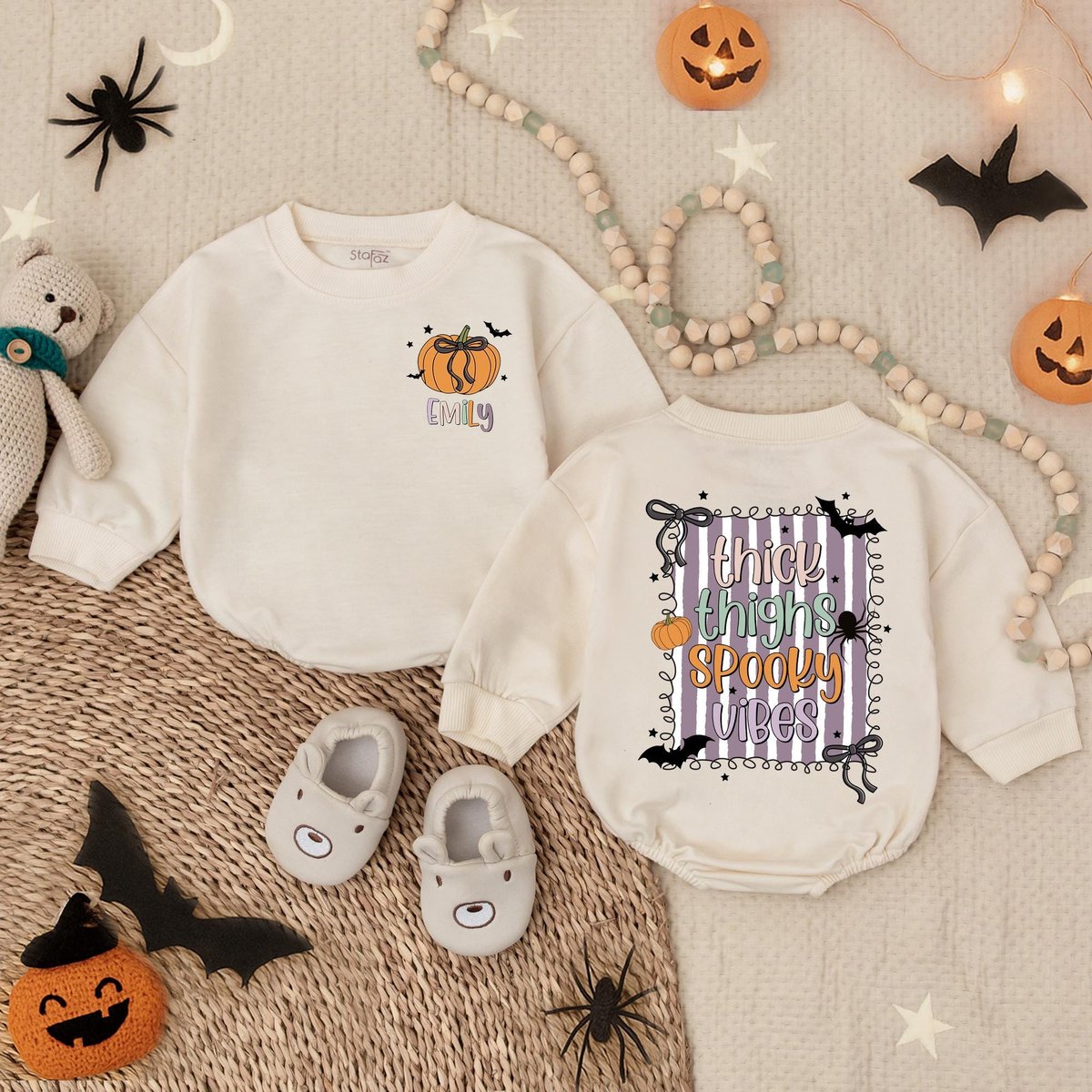 Customized Thick Thighs Spooky Vibes Halloween Bubble RomperFirst Halloween Oversized Outfit Infant