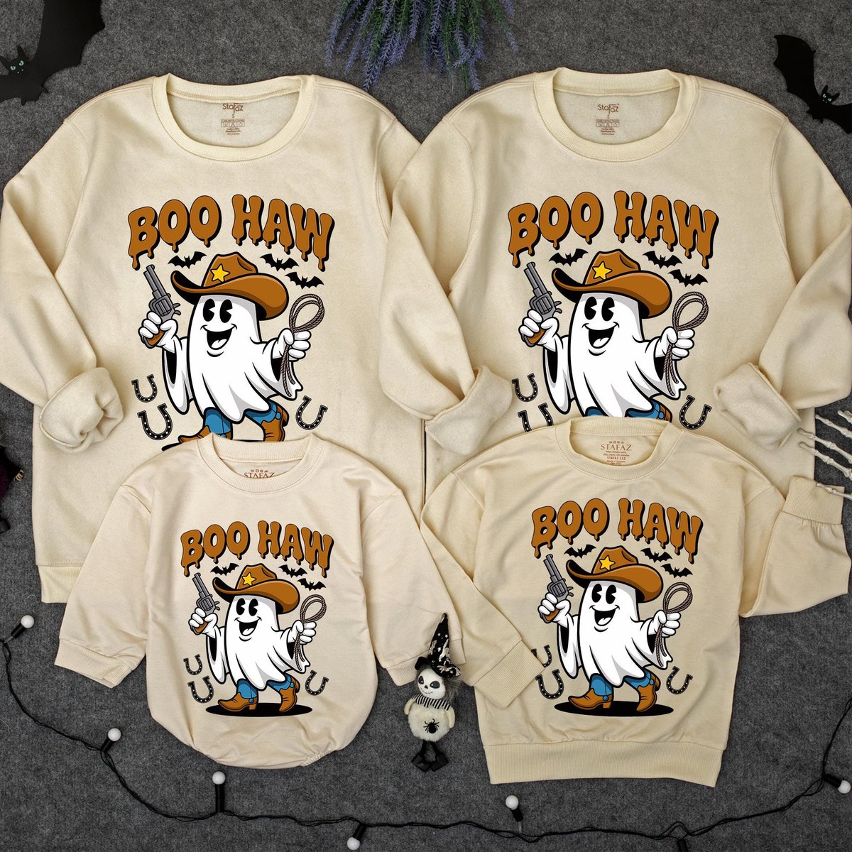 Cute Boo Haw Sweatshirt Funny Ghost Cowboy Family Sweater baby romper Cute boo toddler Sweater Gift 434