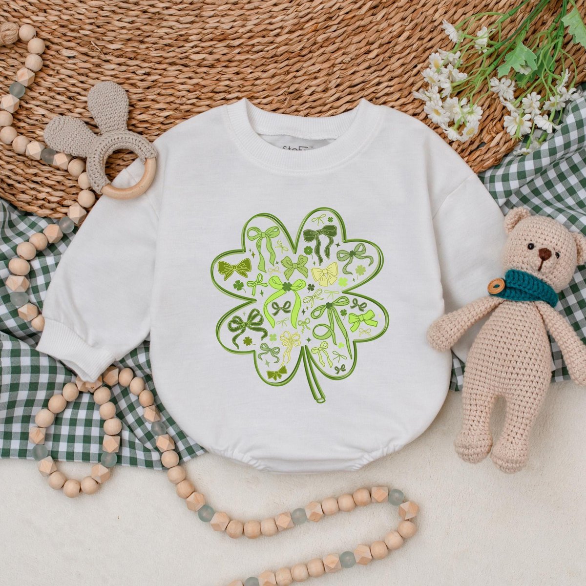 Cute Bow Clover Baby Romper Green Clover Bow Baby Bodysuit St Patrick's Day Romper Baby Patrick's 186