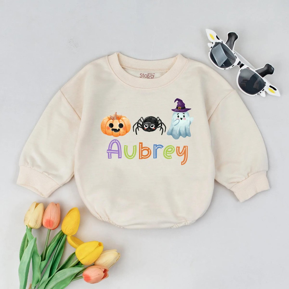 Cute Halloween Baby Bubble Romper Personalized Name Fall Outfit Spooky Pumpkin Ghost Romper Custom B 433