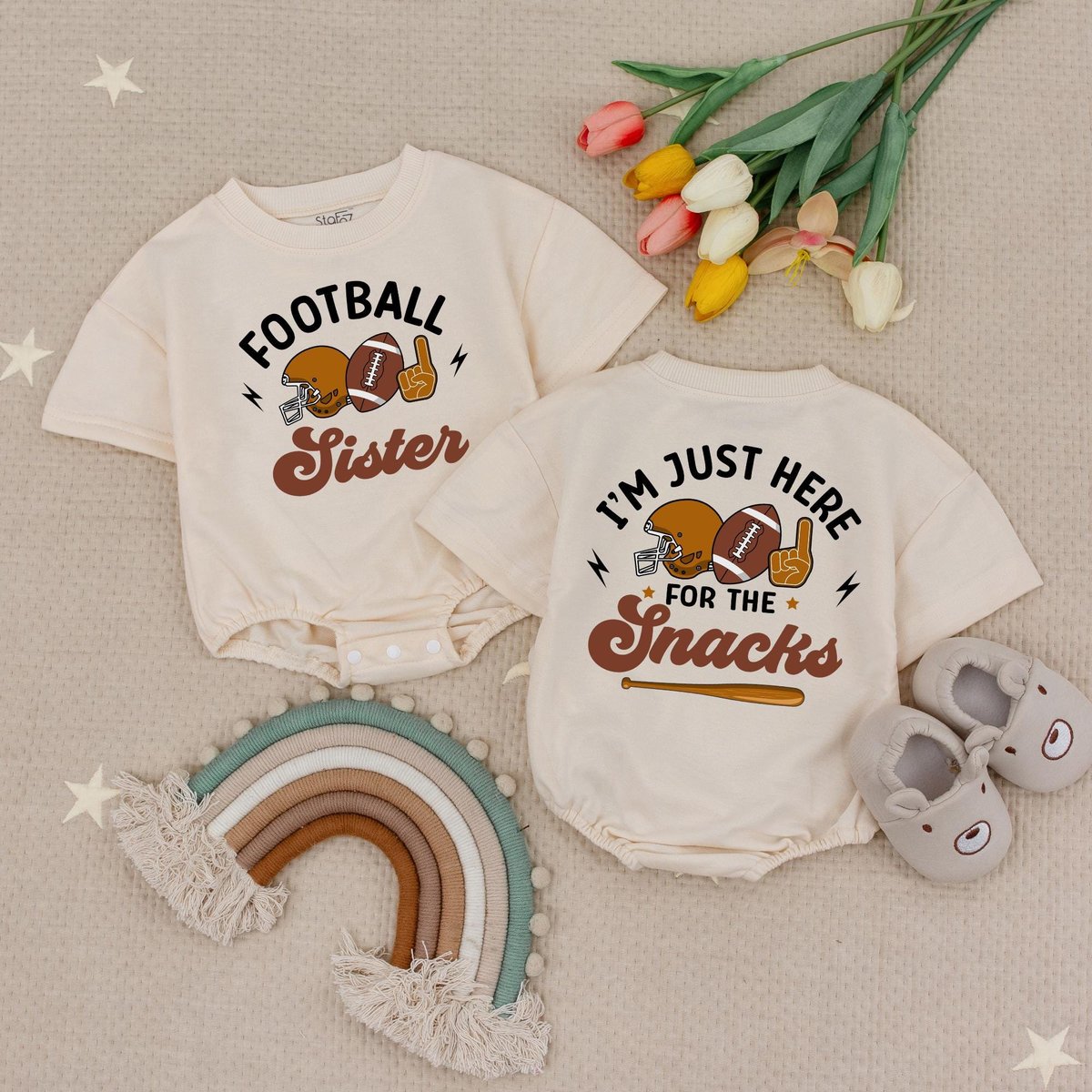 Cute Sister Football Bubble Romper I'm Just Here For The Snacks Babysuit Kids Football Babysuit Kid