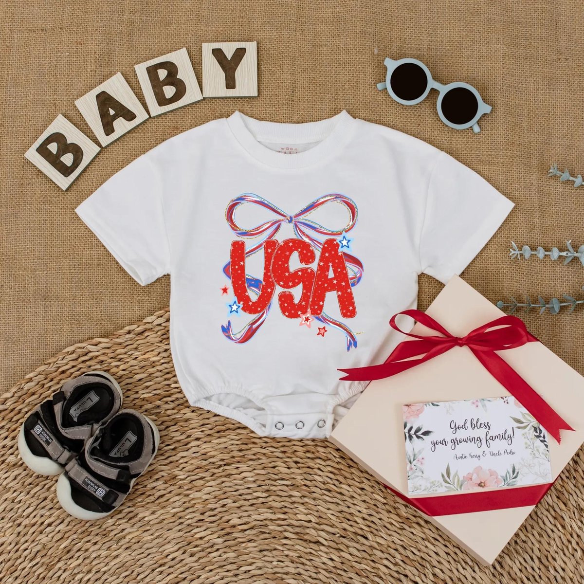 Cute USA Bow Baby Romper 4th of July Girly Baby Bodysuit Independence Day Outfit for Baby Girl Baby 430