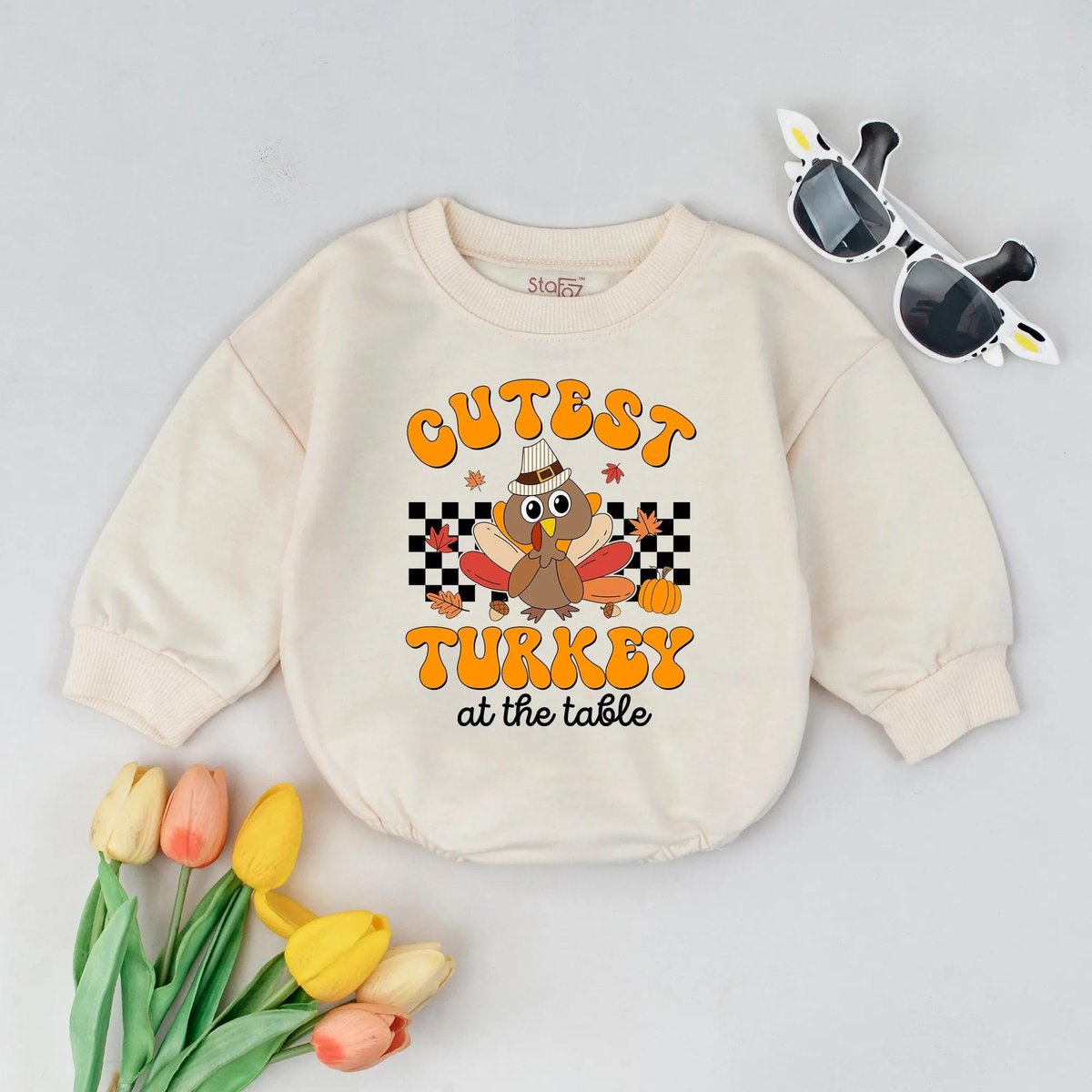 Cutest Turkey at the Table Romper Preppy Thanksgiving Day Bodysuit Turkey Day Outfit Fall Baby Showe 437